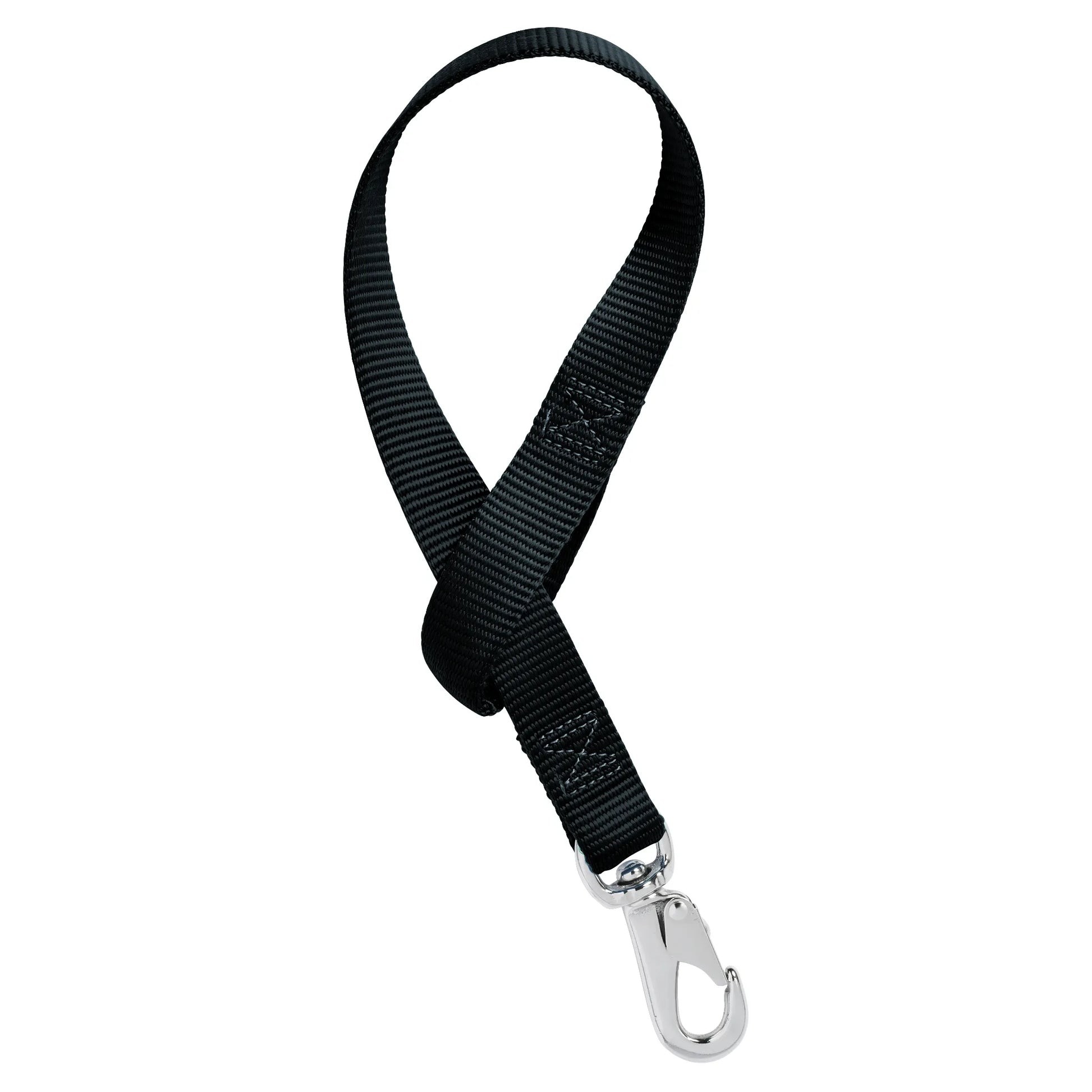Durable Weaver black nylon bucket strap designed for barn organization and stable management. Features heavy-duty webbing with box-stitching and a silver-plated swivel snap hook for hanging horse water buckets and feed tubs securely. Perfect for horse owners looking to organize their tack room, trailer, or stall.
