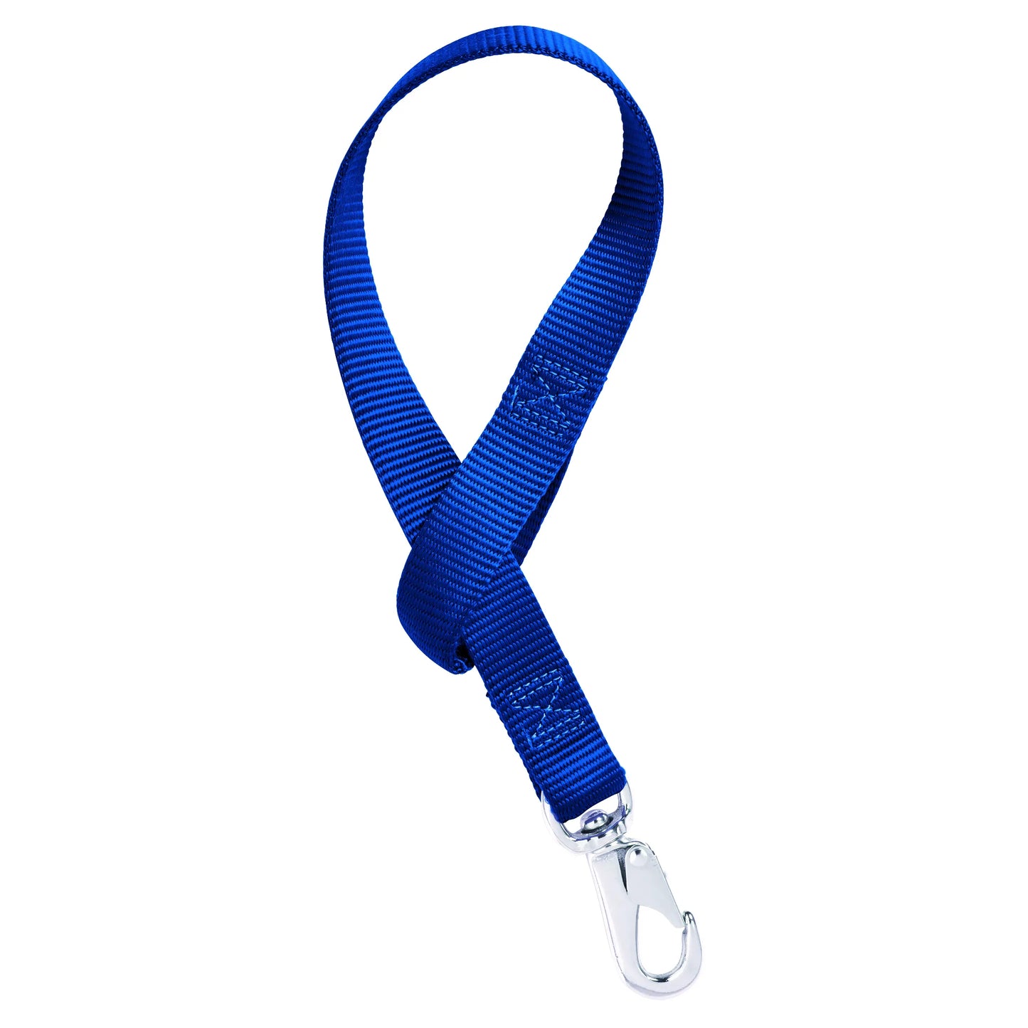 Royal blue Weaver Nylon Bucket Strap for barn organization and secure bucket hanging. Crafted from durable nylon webbing with reinforced box-stitched ends and a heavy-duty silver metal swivel snap hook. This looped strap is an essential horse stable accessory for keeping water and feed buckets safely in place. Perfect for equestrian tack rooms, livestock stalls, and trailer organization.