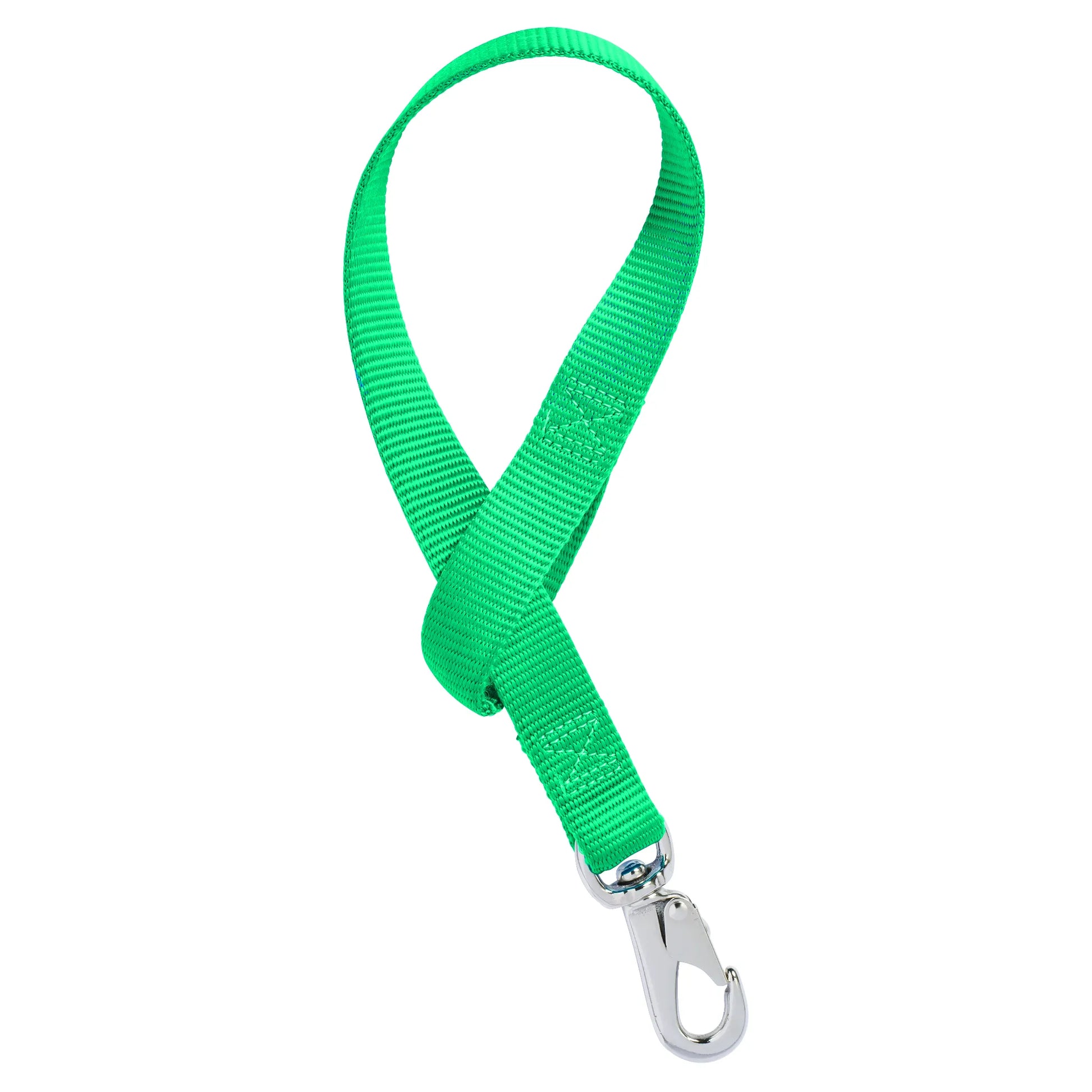 Bright green Weaver Nylon Bucket Strap featuring heavy-duty nylon webbing and a secure silver snap hook. Designed for horse stall organization, this durable bucket hanger is perfect for securely hanging water buckets and feeders in the barn. Reinforced cross-stitching ensures maximum strength for everyday stable use. An essential piece of horse equipment for a clean and organized barn.