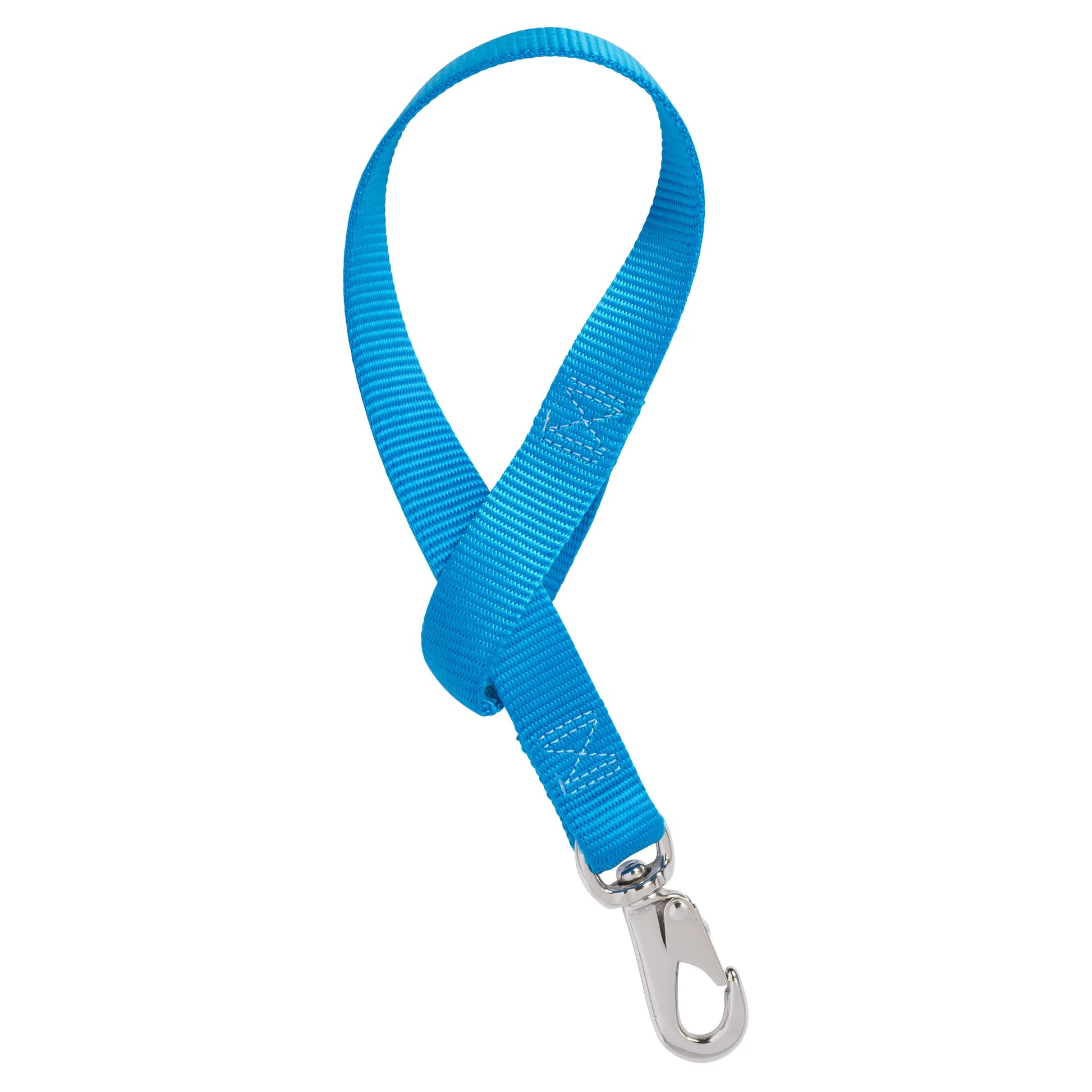 Bright blue Weaver Nylon Bucket Strap designed for easy barn organization. Keep your horse stall tidy with this heavy-duty bucket hanger featuring a secure silver swivel snap and reinforced stitching. A must-have horse trailer accessory for travel or everyday stable use. Durable and stylish equestrian gear for securing water and feed buckets.