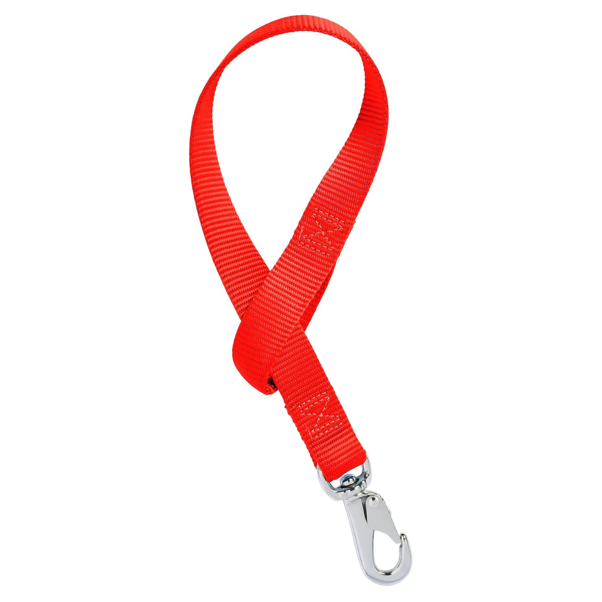 Red Weaver Nylon Bucket Strap featuring durable 1-inch webbing and a heavy-duty chrome-plated swivel snap hook. Designed with reinforced cross-stitching for maximum strength, this versatile horse stable accessory is ideal for securely hanging water buckets or feed tubs. A must-have tool for barn organization and equestrian equipment storage, this vibrant red strap ensures your gear stays in place.
