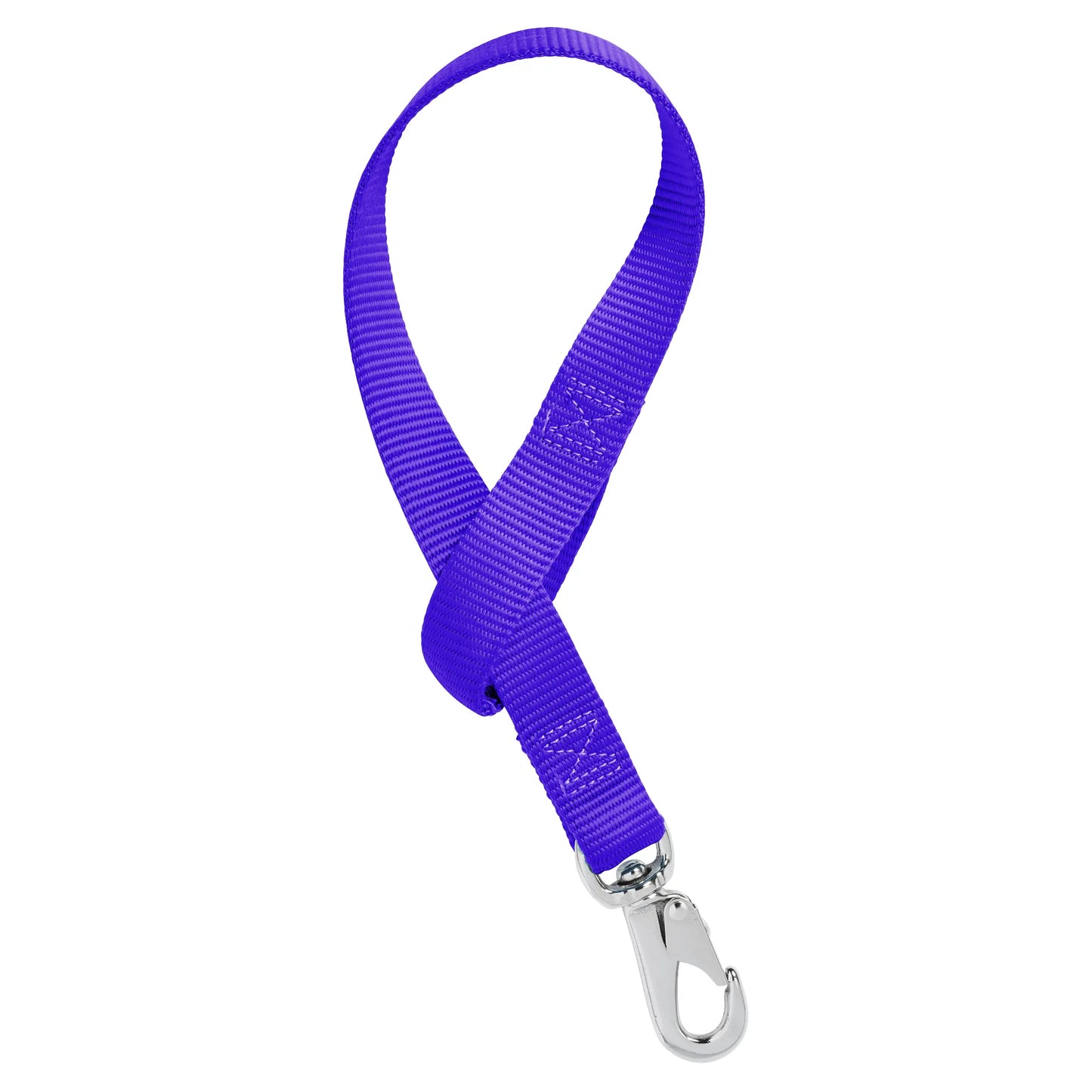 Vibrant purple Weaver Nylon Bucket Strap designed for durable barn organization and horse stall management. This heavy-duty strap features high-quality nylon webbing with reinforced box stitching and a secure silver metal swivel snap hook. Ideal for hanging water buckets, feed tubs, or hay nets in stables and trailers, making it a must-have piece of equestrian gear for keeping your barn tidy and efficient.