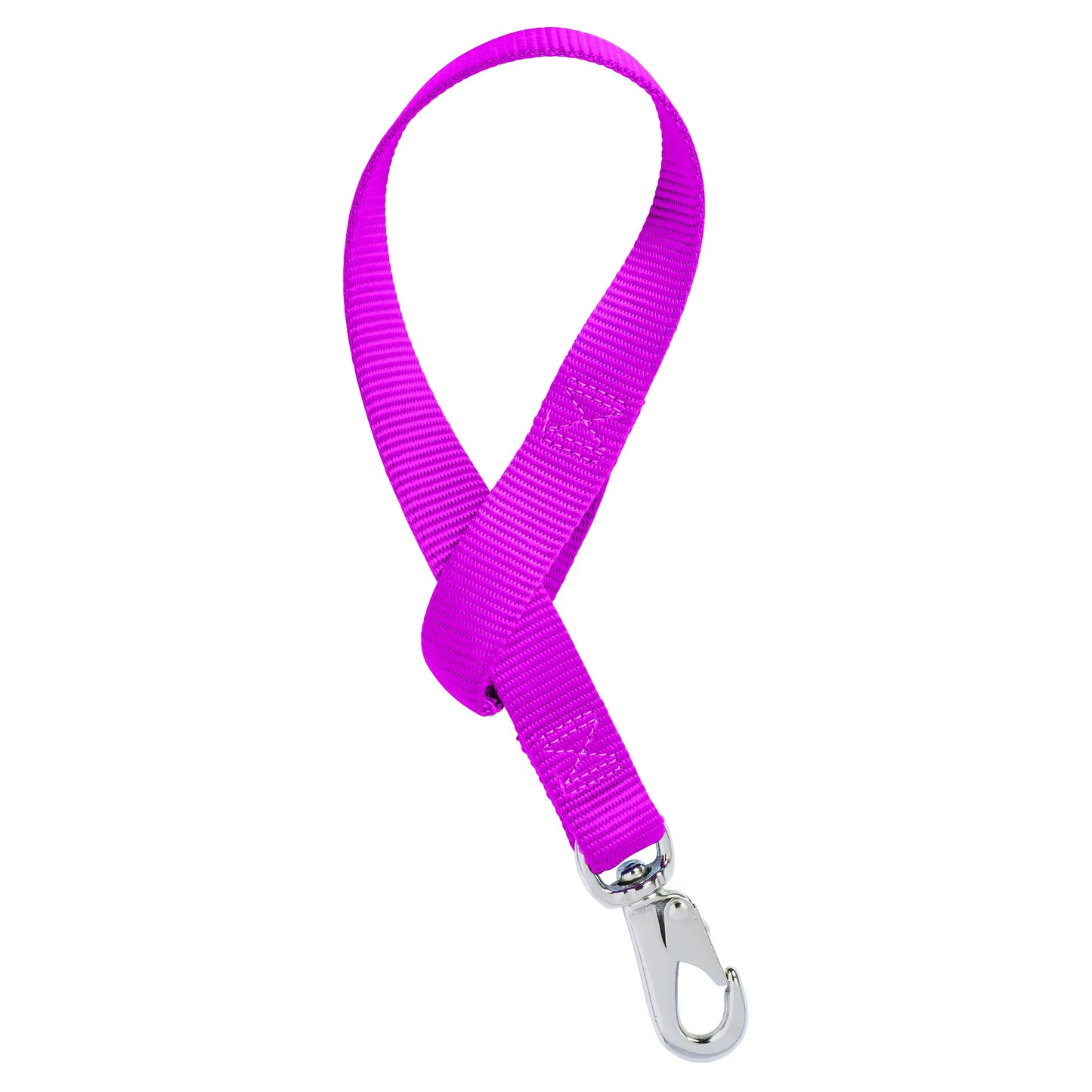 Vibrant magenta Weaver Nylon Bucket Strap designed for secure barn organization. Features heavy-duty purple nylon webbing with reinforced box-and-X stitching for lasting durability. A sturdy silver metal swivel snap hook allows for easy attachment to buckets and stalls. Ideal for hanging water buckets, feed tubs, and horse supplies in any stable or trailer. High-quality horse equipment that adds a pop of color and efficiency to your equestrian gear.