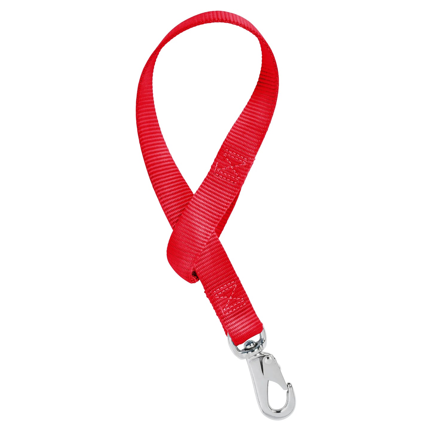 Red Weaver Nylon Bucket Strap featuring a durable silver-tone swivel snap hook and reinforced box stitching. This heavy-duty red nylon strap is designed for barn and trailer organization, securely hanging water or feed buckets in horse stalls. A must-have accessory for any equestrian stable setup.