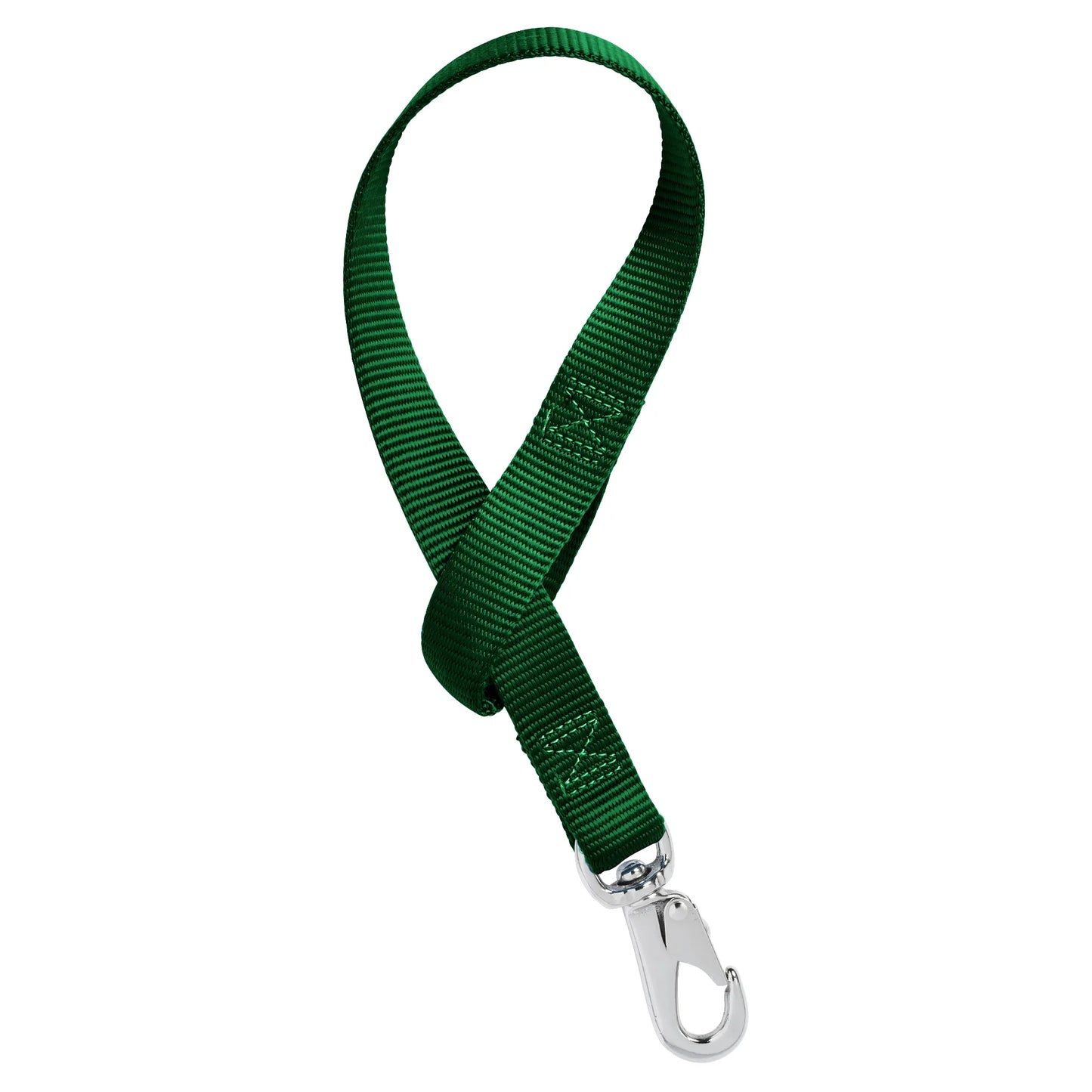 Weaver Nylon Bucket Strap in Hunter Green, featuring a durable looped design with a heavy-duty silver swivel snap hook. Reinforced with box-stitching for maximum strength, this versatile barn essential is perfect for hanging water buckets, hay nets, or organizing tack and pet supplies. A must-have, high-quality equestrian accessory for stable management and simplified pet care.