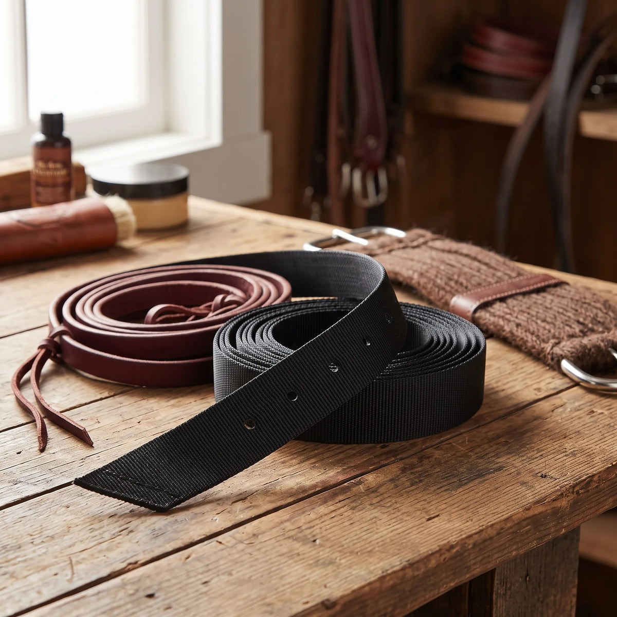 Weaver Leather black nylon half breed billet coiled on a tack room bench