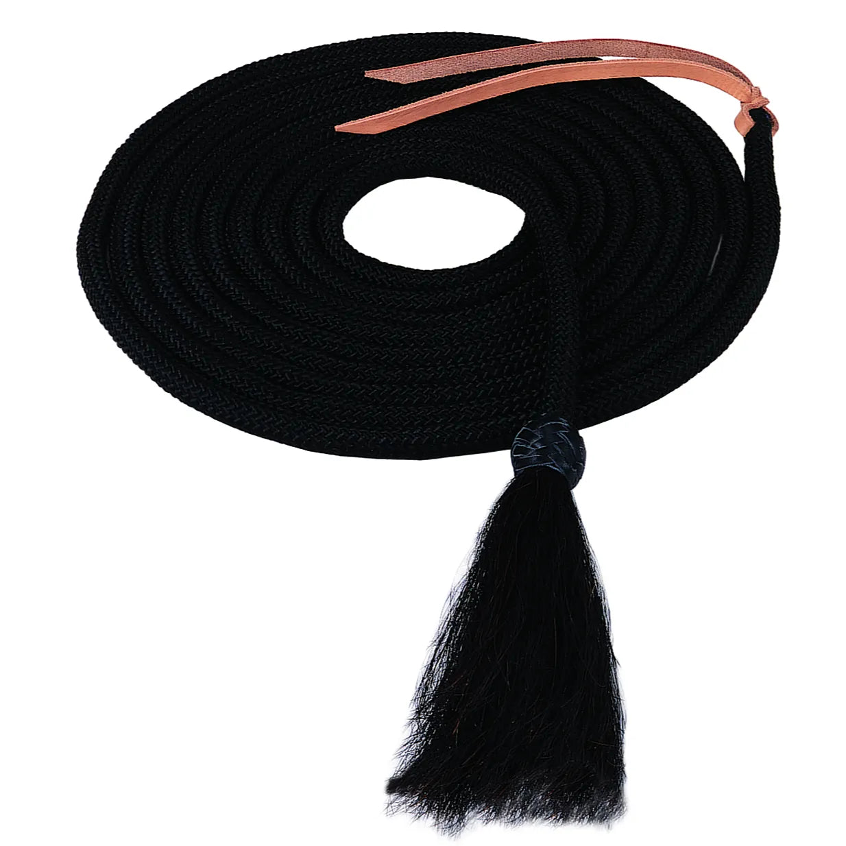 Weaver 1/2" x 23' black nylon mecate rope featuring a decorative black horsehair tassel and a natural tan leather popper end. Neatly coiled to show its high-quality braided construction, this essential western horse tack is perfect for use with bosals or snaffle bit bridles. Durable lead rope for professional horse training and recreational riding.