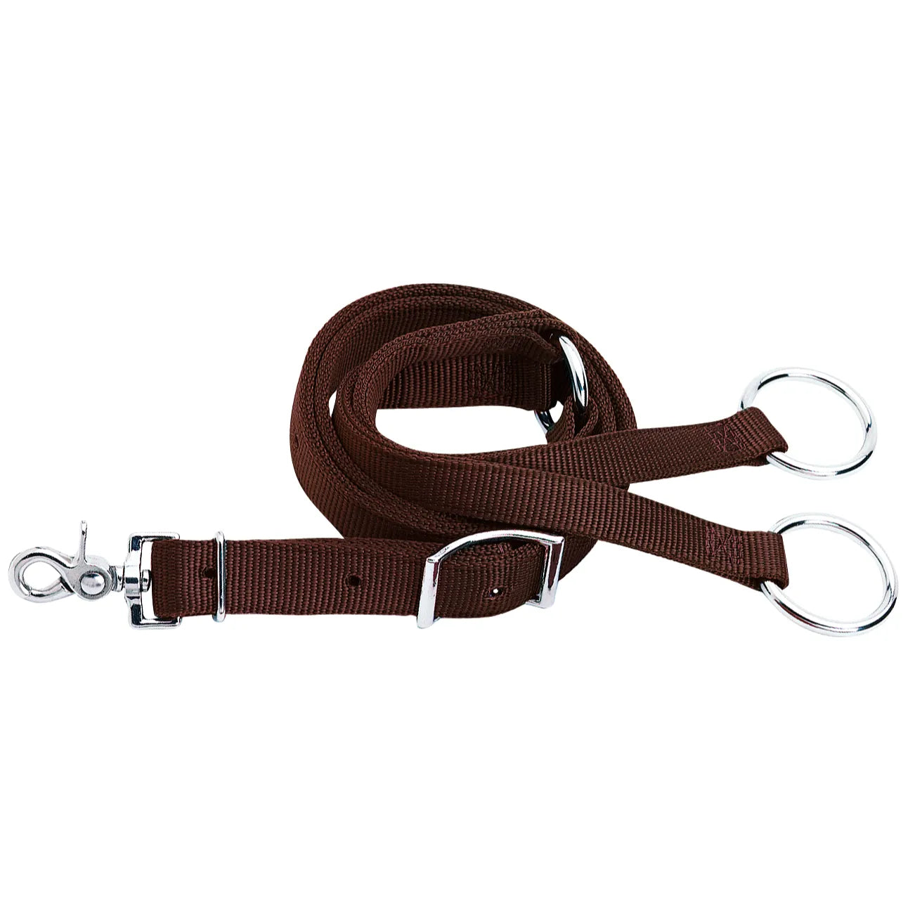 Weaver Nylon Training Fork in durable chocolate brown nylon webbing, 1" x 48". This essential horse training tool features a nickel-plated swivel snap for easy attachment to a cinch and two large rings for rein control. Includes a high-quality adjustment buckle for a custom fit to help refine your horse's head carriage and responsiveness. Ideal for Western or English riders looking for reliable, professional-grade equestrian training equipment.