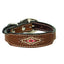 Weaver Pet Aztec Dog Collar featuring rich brown leather with a vibrant red, white, and brown embroidered southwestern pattern. This stylish leather collar for dogs includes white contrast stitching, durable silver-tone hardware, and a padded black lining for extra comfort. A high-quality, western-style pet accessory perfect for showcasing your dog's unique personality and rugged outdoor style.