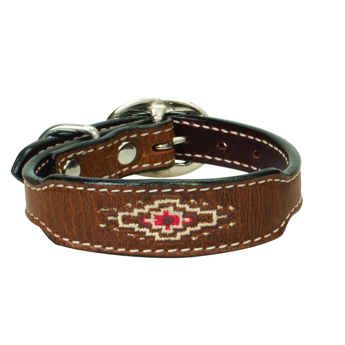 Weaver Pet Aztec Dog Collar featuring rich brown leather with a vibrant red, white, and brown embroidered southwestern pattern. This stylish leather collar for dogs includes white contrast stitching, durable silver-tone hardware, and a padded black lining for extra comfort. A high-quality, western-style pet accessory perfect for showcasing your dog's unique personality and rugged outdoor style.