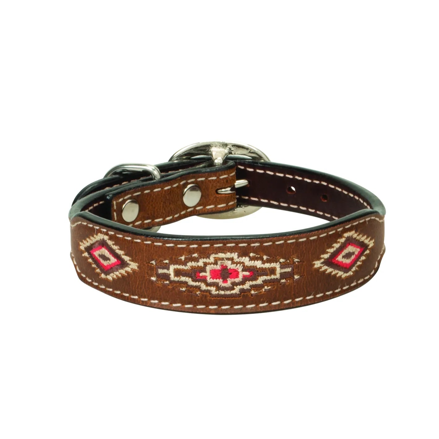 Weaver Pet Aztec Dog Collar featuring premium brown leather with vibrant pink, burgundy, and cream southwestern embroidery. This stylish dog collar includes reinforced white perimeter stitching, polished silver-toned buckle hardware, and decorative metal rivets. A durable and fashionable accessory for dogs, perfect for pet owners looking for a unique, western-style leather collar.
