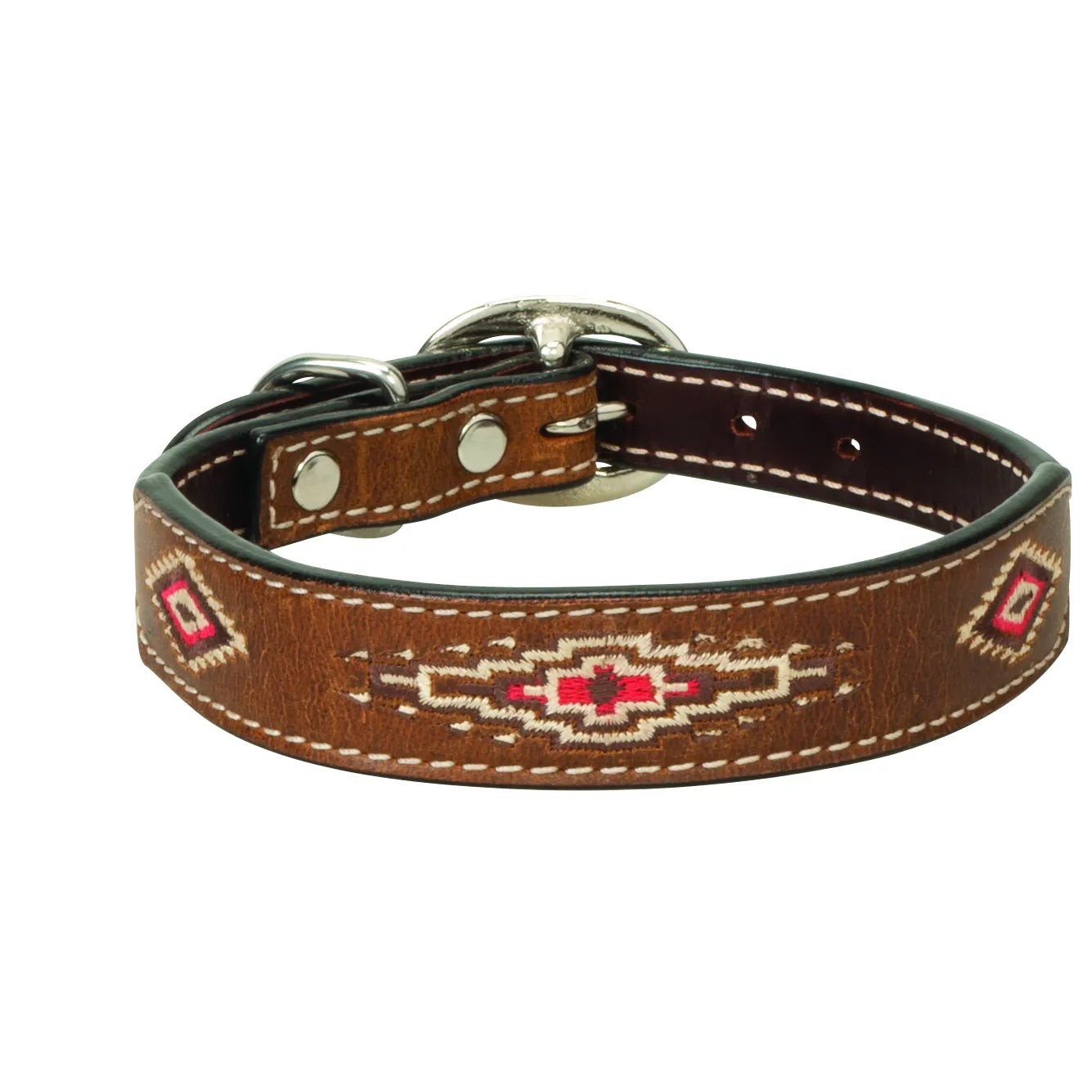 Weaver Pet Aztec Dog Collar in premium brown leather featuring vibrant red and cream Southwestern embroidered patterns. This stylish western-style collar includes durable white contrast stitching, high-quality silver buckle hardware, and a comfortable padded lining. Perfect for pet owners seeking a unique, handcrafted aesthetic for their dogs. High-quality, fashionable, and durable leather pet accessory.