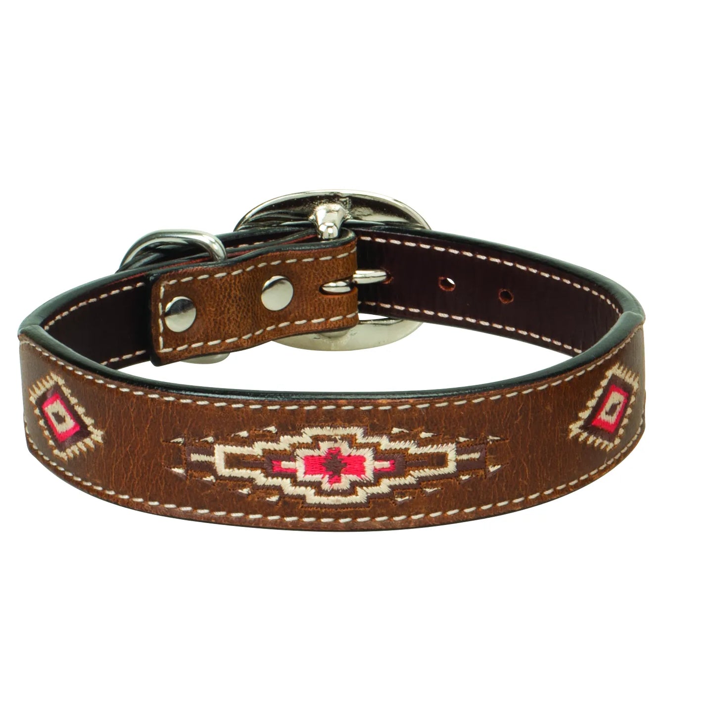 Weaver Pet Aztec Dog Collar crafted from rich brown leather with vibrant pink and white Southwestern-style embroidery. This stylish leather collar for dogs features polished silver-tone hardware, durable white contrast stitching, and a classic metal buckle closure. An elegant and durable choice for pet owners seeking a unique, Western-inspired look for their dog.