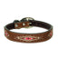 Weaver Pet Aztec Dog Collar crafted from rich brown leather with vibrant pink, white, and brown southwestern geometric embroidery. This stylish leather collar features white contrast stitching, a padded interior for comfort, and polished silver hardware with a heavy-duty buckle and D-ring. Ideal for pet owners seeking a durable, fashionable, and high-quality western-style dog collar.