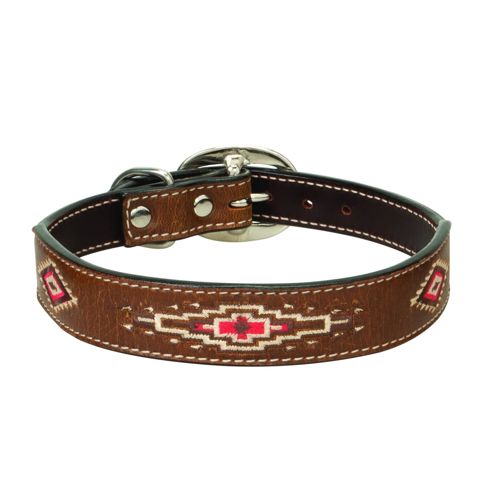 Weaver Pet Aztec Dog Collar crafted from rich brown leather with vibrant pink, white, and brown southwestern geometric embroidery. This stylish leather collar features white contrast stitching, a padded interior for comfort, and polished silver hardware with a heavy-duty buckle and D-ring. Ideal for pet owners seeking a durable, fashionable, and high-quality western-style dog collar.