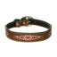 Weaver Pet Aztec Dog Collar featuring high-quality brown leather with intricate Southwestern-style embroidery in pink, red, and cream. This stylish dog collar includes a durable silver-toned buckle, metal hardware, and classic white perimeter stitching. A perfect rustic, Western-inspired accessory for any breed, blending durable construction with a unique artisanal design.