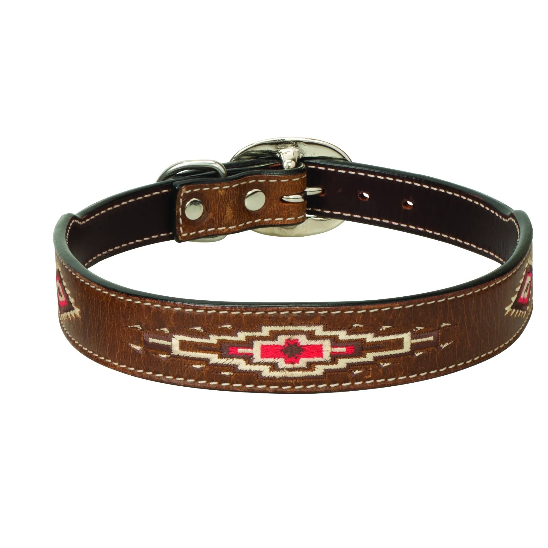 Weaver Pet Aztec dog collar crafted from high-quality brown leather with an intricate embroidered geometric pattern in cream, red, and pink. This stylish southwestern-inspired collar features durable silver hardware, a classic buckle closure, and elegant contrast stitching. Perfect for adding a touch of rustic charm to your pet's everyday look, it's a must-have accessory for dogs who love a tribal or western aesthetic.