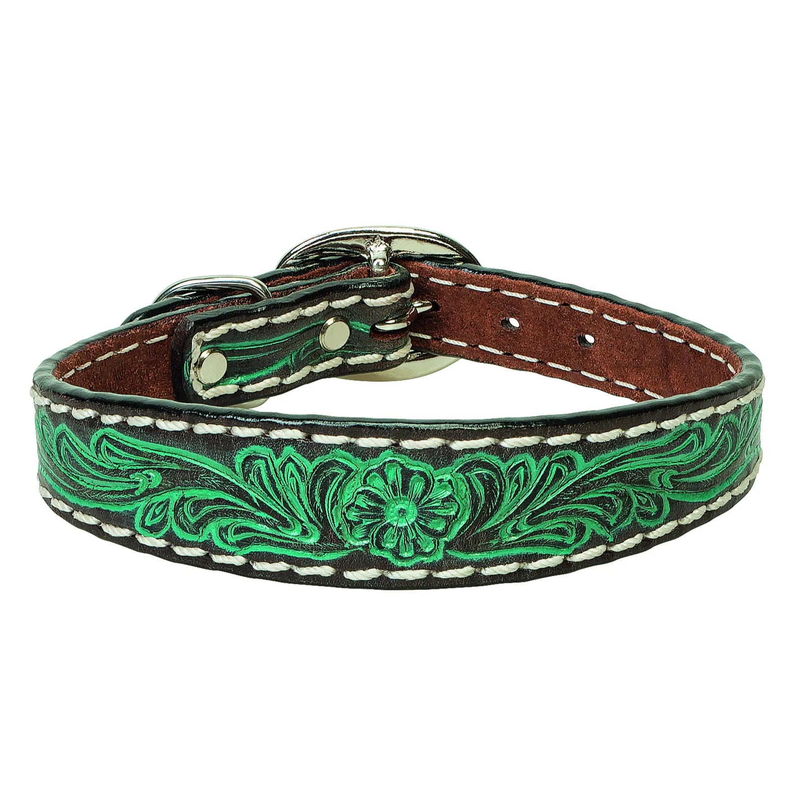 Weaver Pet Carved Flower Dog Collar featuring premium dark brown leather with vibrant green hand-tooled floral accents. This western-style collar is designed with white contrast stitching, durable silver hardware, and a comfortable suede lining. Perfect for dog owners looking for a stylish and durable accessory with artisan craftsmanship and rustic charm.