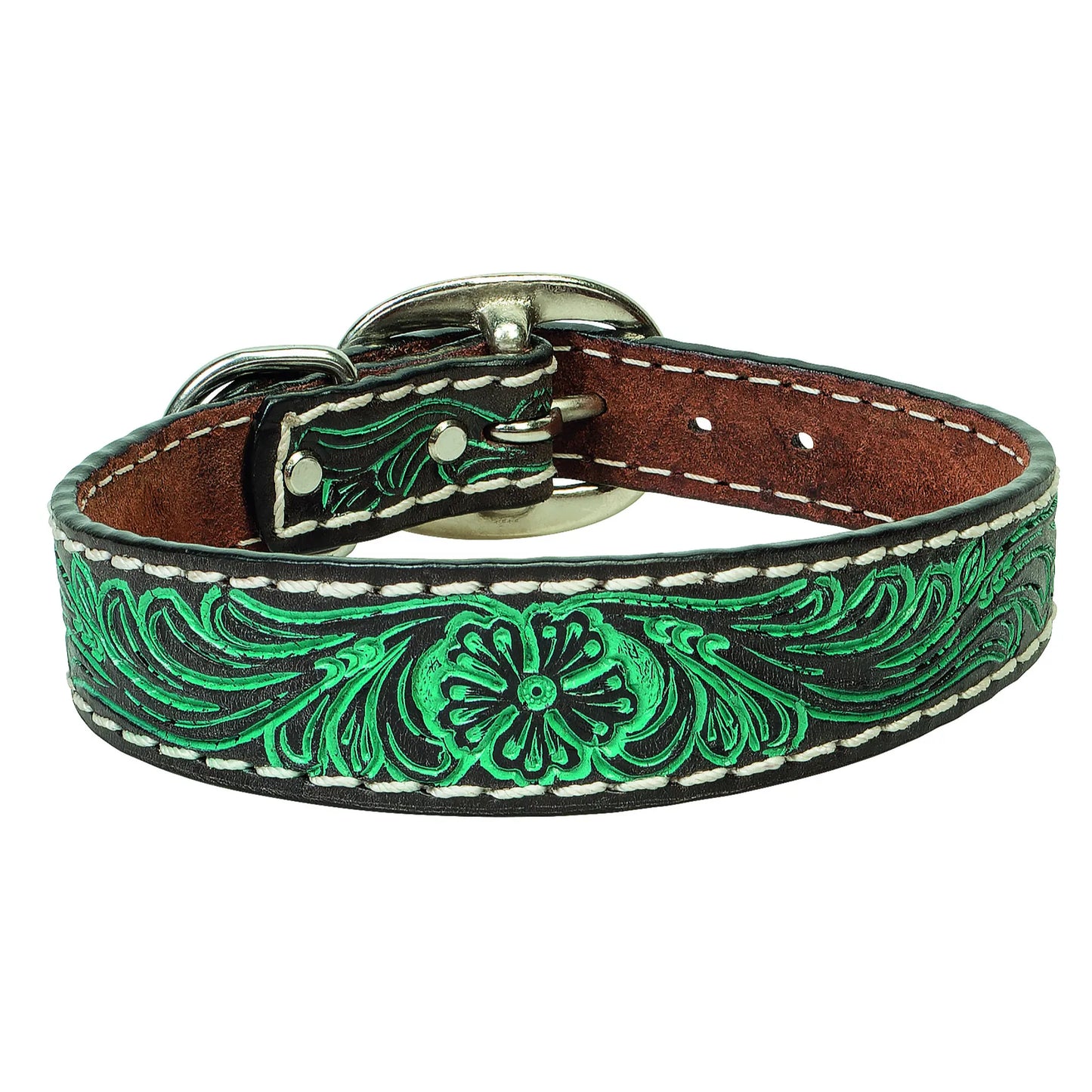 Weaver Pet Carved Flower Dog Collar featuring intricate hand-tooled floral patterns painted in a vibrant teal green. This stylish western-style collar is crafted from premium dark brown leather with durable white contrast stitching, heavy-duty silver hardware, and an adjustable buckle. A high-quality and unique artisan accessory for dogs that combines rustic charm with long-lasting durability.