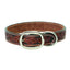 Weaver Pet Carved Flower Leather Dog Collar featuring a hand-tooled floral pattern in rich chestnut brown and black leather. This premium western-style dog collar showcases durable white contrast stitching, a heavy-duty polished silver oval buckle, and a sturdy D-ring for leash attachment. A stylish and durable pet accessory perfect for owners who love handcrafted, rustic designs.