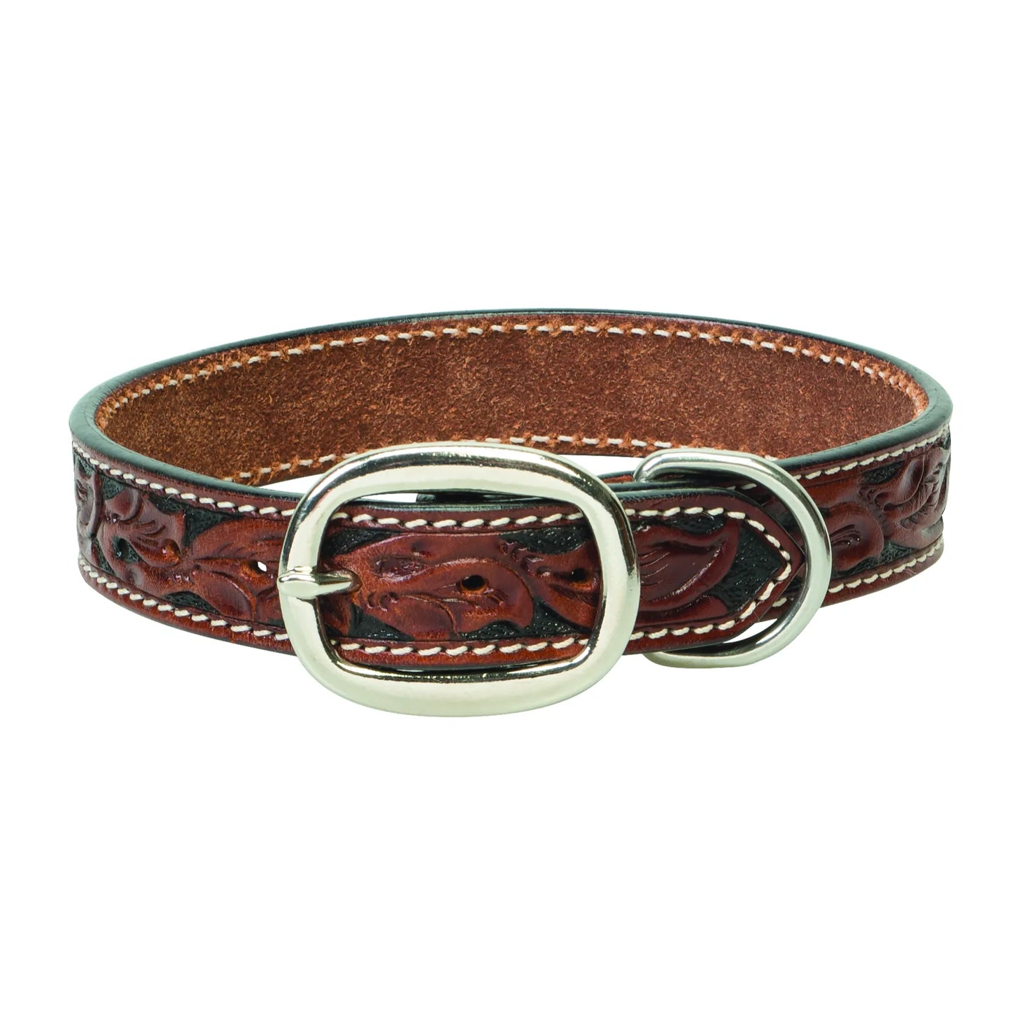 Weaver Pet Carved Flower Leather Dog Collar featuring a hand-tooled floral pattern in rich chestnut brown and black leather. This premium western-style dog collar showcases durable white contrast stitching, a heavy-duty polished silver oval buckle, and a sturdy D-ring for leash attachment. A stylish and durable pet accessory perfect for owners who love handcrafted, rustic designs.