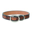 Weaver Pet Floral Tooled Dog Collar featuring a hand-carved western floral pattern on two-tone brown and black genuine leather. This durable pet collar is accented with white contrast stitching and high-quality silver-toned metal hardware, including a sturdy buckle and D-ring. Perfect for a stylish and rugged look, this western-inspired leather collar combines traditional craftsmanship with lasting quality.