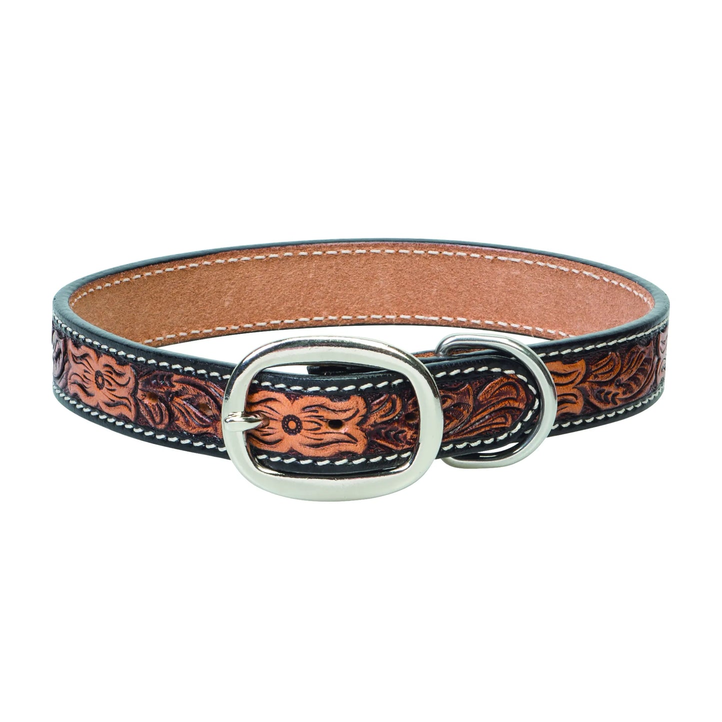 Weaver Pet Floral Tooled Dog Collar featuring premium hand-tooled leather with a western-style floral pattern. This two-tone brown and black collar includes elegant white contrast stitching and durable silver-toned buckle and D-ring. A stylish and heavy-duty choice for active dogs, blending rustic charm with high-quality craftsmanship. Perfect for pet owners seeking unique, artisanal dog accessories that are both decorative and functional.