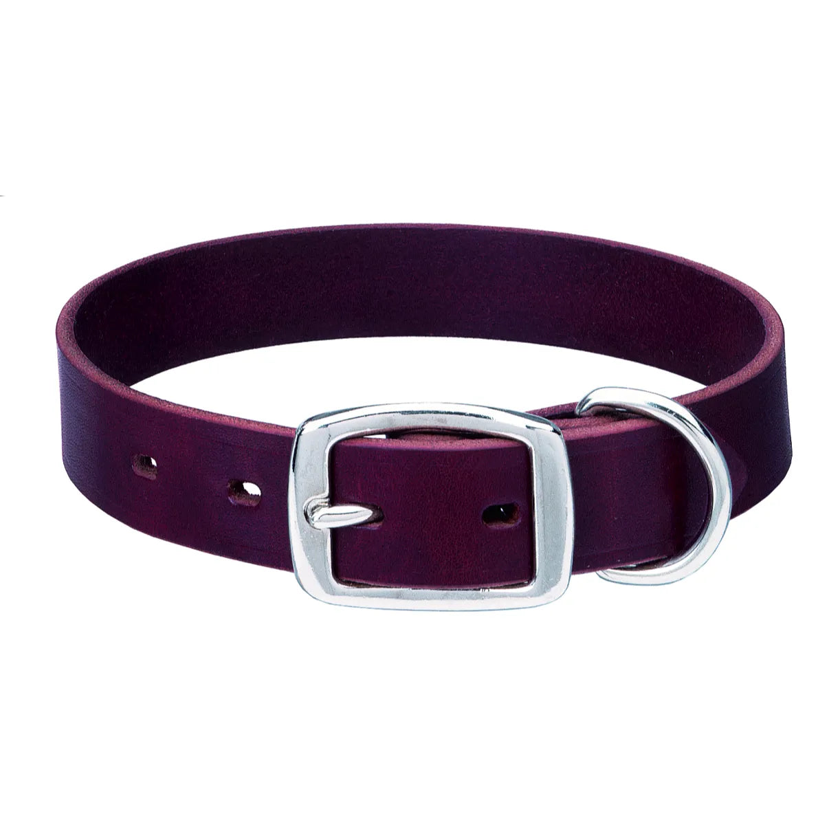 Weaver Pet Heritage Burgundy Leather Dog Collar featuring durable, high-quality leather with a rich wine-colored finish. This premium pet accessory includes a classic silver-toned metal buckle and a sturdy D-ring for secure leash attachment. Designed for strength and timeless style, this heavy-duty leather collar is perfect for active dogs and owners seeking high-quality, artisanal pet gear.