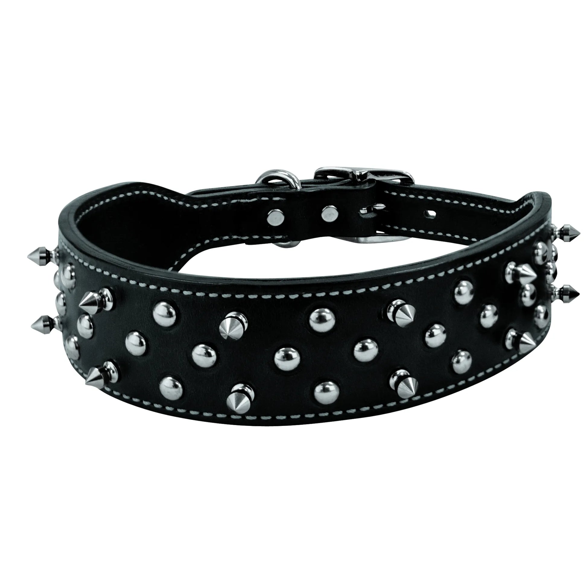 Weaver Pet Spike Collar featuring premium black leather with bold silver spikes and rounded studs. This stylish, durable dog collar includes heavy-duty white contrast stitching, a secure metal buckle, and a sturdy D-ring for leash attachment. A perfect blend of tough aesthetics and quality craftsmanship for fashionable pets.