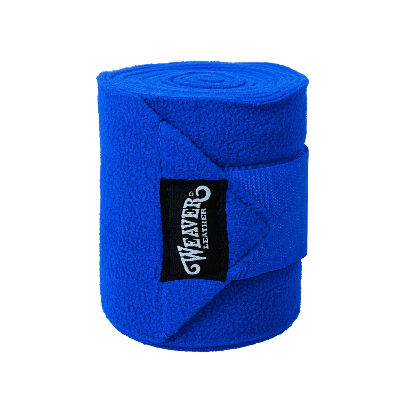 Vibrant royal blue Weaver Polo Leg Wrap for horses, crafted from soft, high-quality fleece for superior support and protection. This single rolled equestrian bandage features a black Weaver Leather brand label on the secure hook-and-loop closure. Perfect for schooling, training, or trailering, these durable blue polo wraps are essential horse tack for leg safety and style.