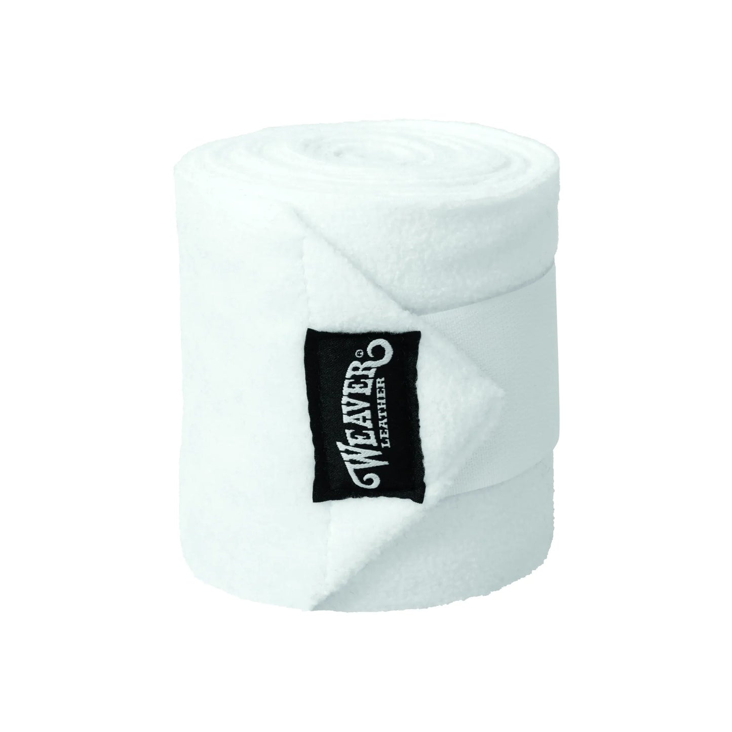 Weaver Polo Leg Wraps 4 Pack in White, featuring soft, premium fleece for superior horse leg support and protection. These durable equestrian bandages include a secure hook-and-loop closure and the classic black Weaver Leather brand tag. Perfect for training, exercise, or travel, these classic white polo wraps are a must-have for every equestrian tack room.