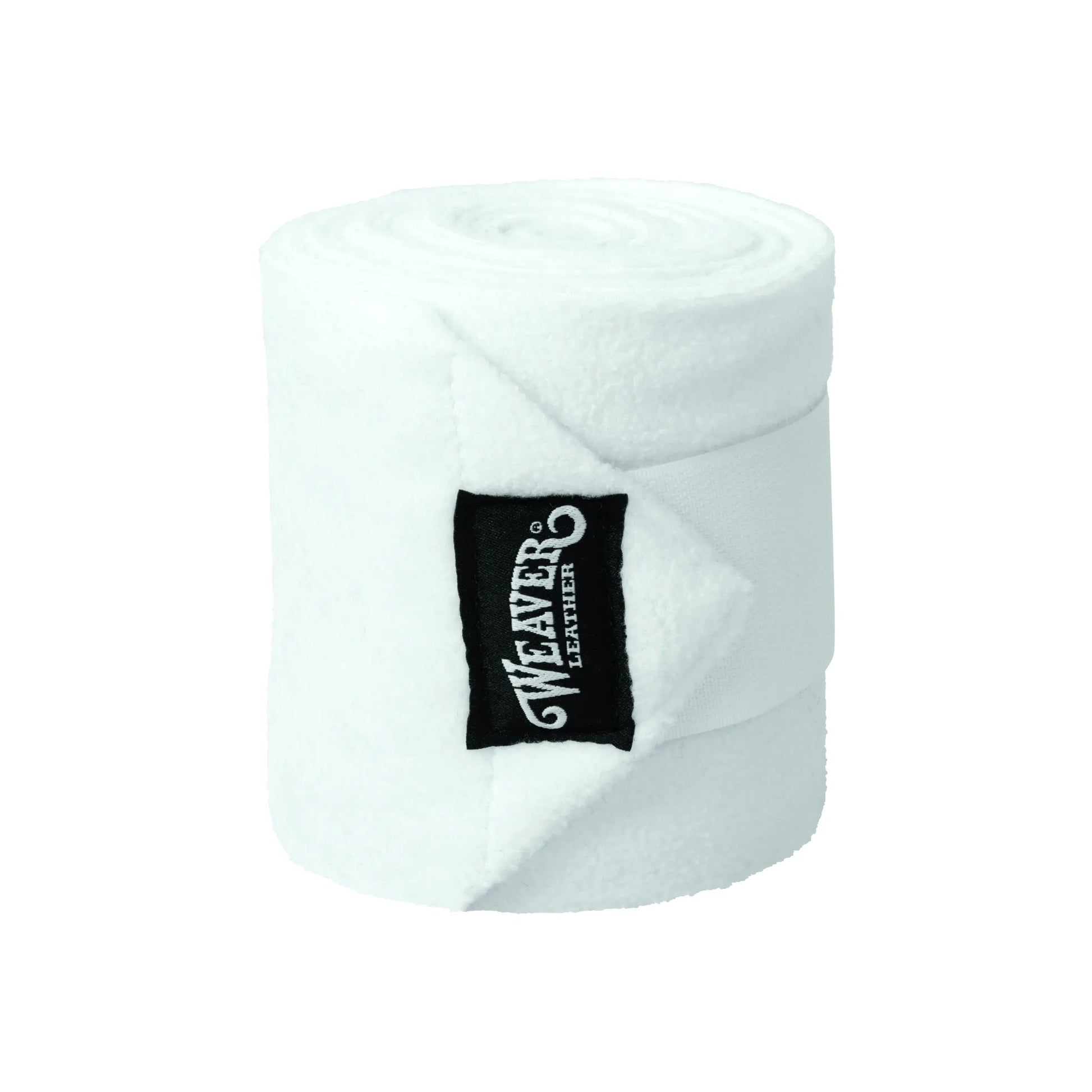 Weaver Polo Leg Wraps 4 Pack in White, featuring soft, premium fleece for superior horse leg support and protection. These durable equestrian bandages include a secure hook-and-loop closure and the classic black Weaver Leather brand tag. Perfect for training, exercise, or travel, these classic white polo wraps are a must-have for every equestrian tack room.