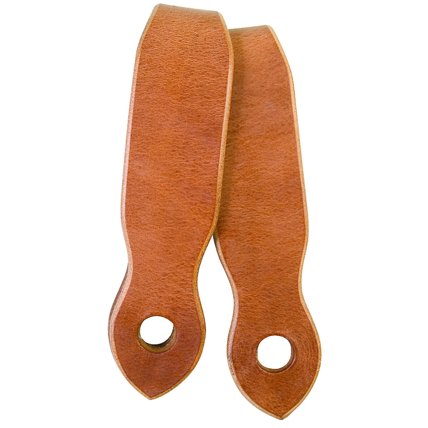 Weaver Russet Slobber Straps for horse bits. This pair of premium tan leather straps features a classic teardrop shape and pre-punched holes for secure bit attachment. Crafted from heavy-duty leather, they offer a professional look and durability for western riding and training. These essential equestrian accessories enhance rein communication and protect equipment, making them a must-have for quality-conscious riders.