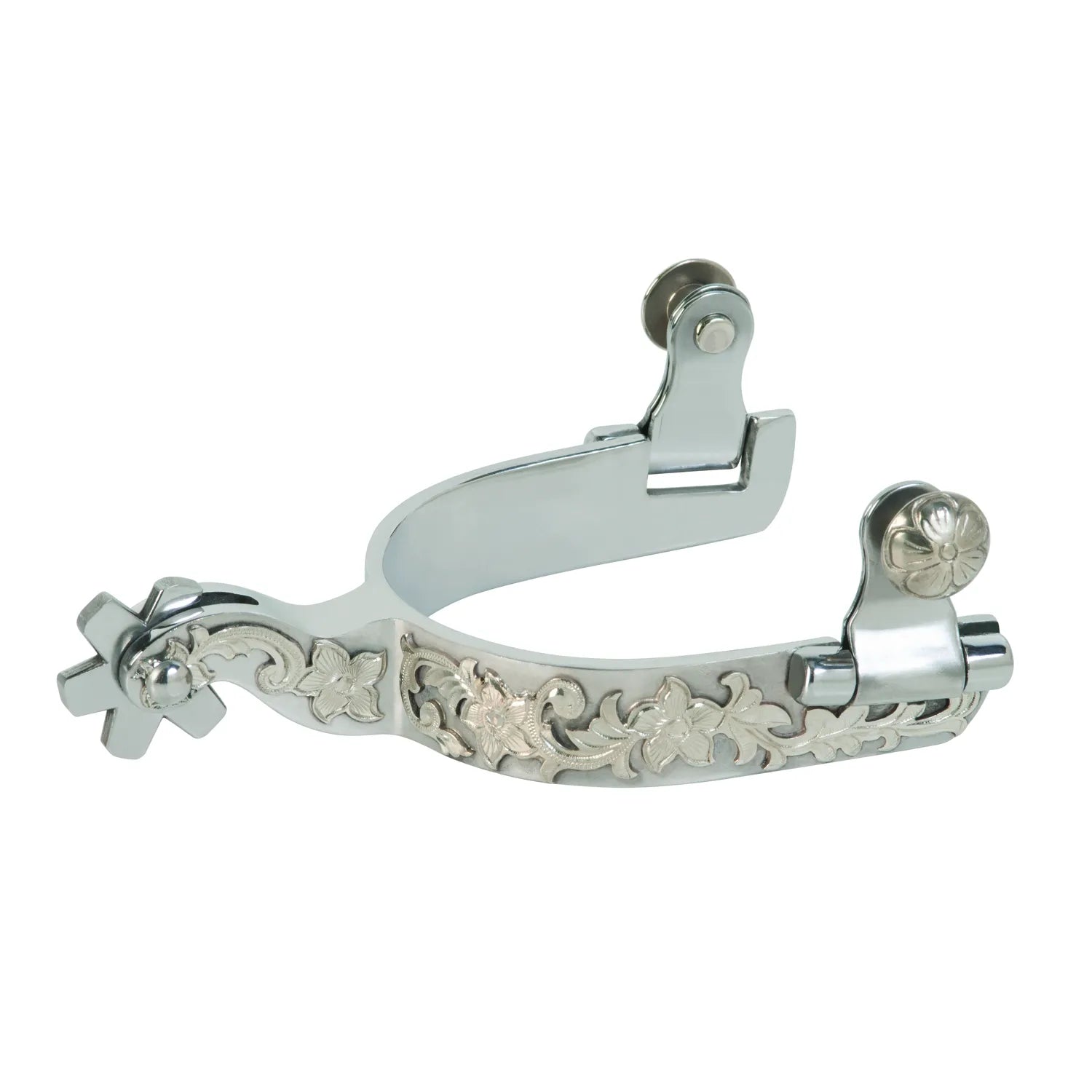 Weaver SS Ladies Western Spurs featuring intricate hand-engraved German silver floral trim and a 6-point star rowel. Crafted from durable stainless steel with a high-shine finish, these equestrian spurs include swinging buttons for easy leather strap attachment. Elegant and functional gear for Western riding, horse shows, and sophisticated trail rides.