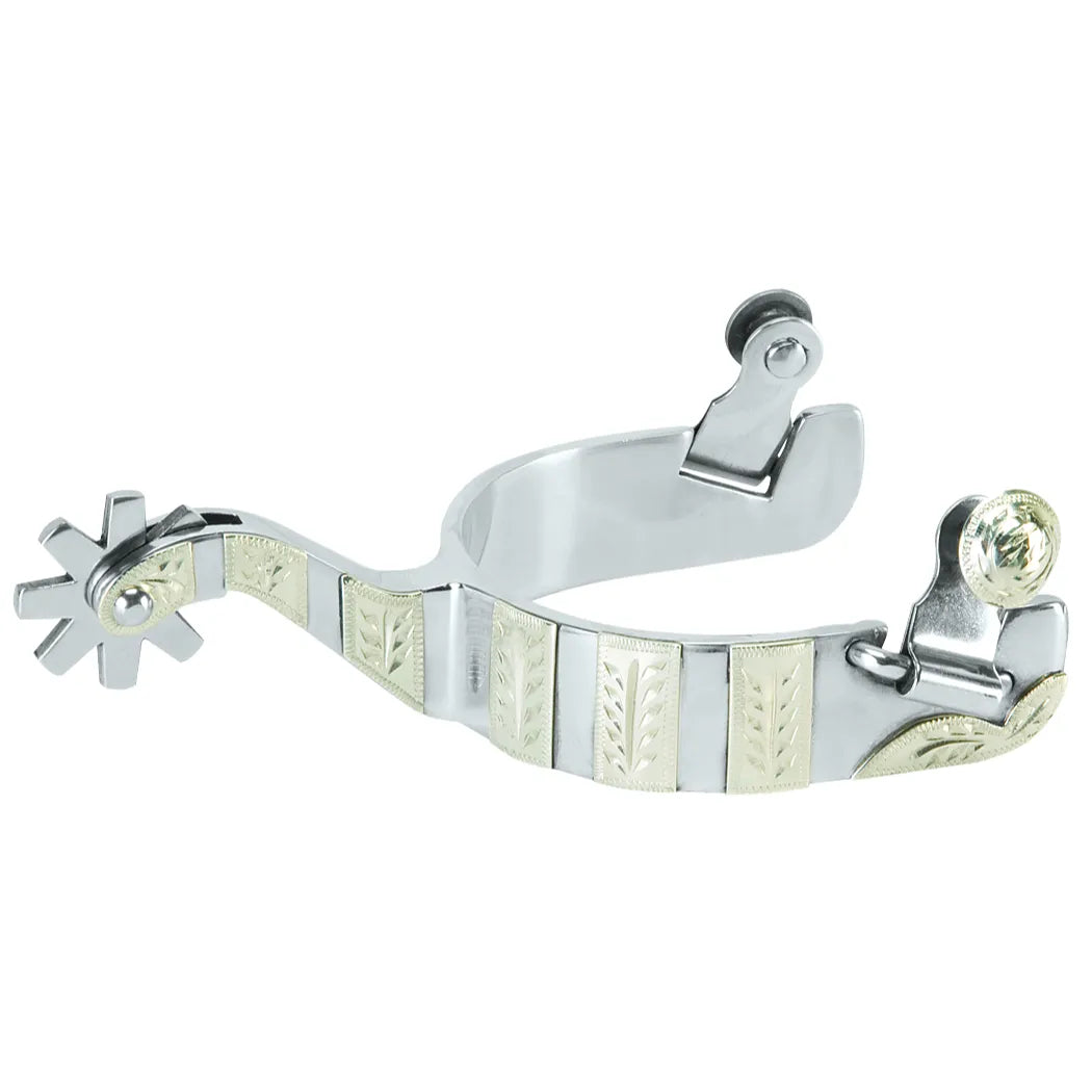 Weaver Stainless Steel German Silver Men's 8-Point Rowel Spurs featuring a polished finish with intricate hand-engraved German silver leaf overlays on the heel band and shank. These high-quality Western spurs include a classic 8-point star rowel and sturdy buttons for easy strap attachment. Perfect for riders seeking both style and functionality in the arena or on the trail. Durable and stylish equestrian gear for horsemen.