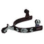 Weaver Stainless Steel Spurs featuring a dark antique brown finish and intricate silver floral overlays. These Western riding spurs include a 2-3/4" shank and a 10-point rowel, offering a blend of classic style and durability. The decorative silver sunburst and chevron designs on the heel band, along with floral-etched silver buttons, make these a stylish choice for any equestrian's Western gear collection.