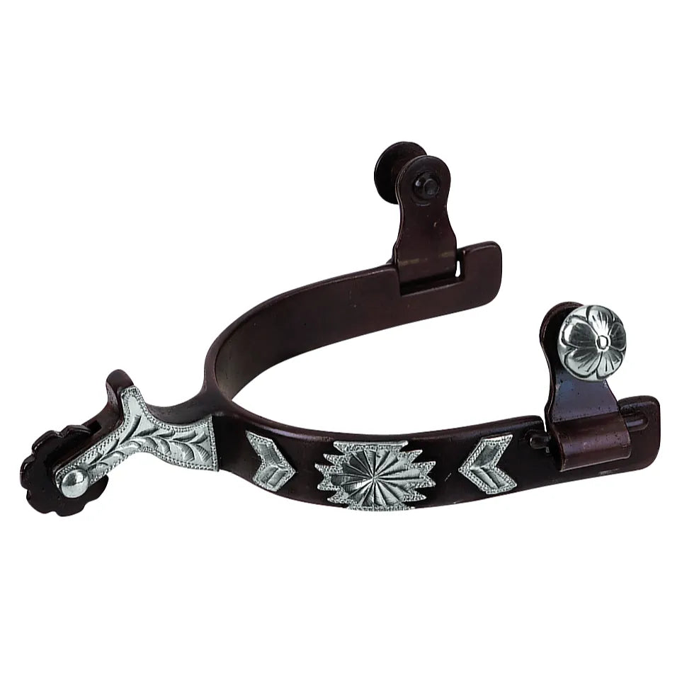 Weaver Stainless Steel Spurs featuring a dark antique brown finish and intricate silver floral overlays. These Western riding spurs include a 2-3/4" shank and a 10-point rowel, offering a blend of classic style and durability. The decorative silver sunburst and chevron designs on the heel band, along with floral-etched silver buttons, make these a stylish choice for any equestrian's Western gear collection.