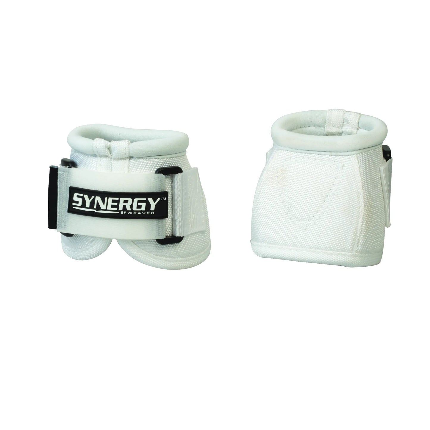 Pair of white Weaver Synergy Bell Boots with Xtended Closure for horses. These durable overreach boots feature high-quality ballistic nylon, a soft padded collar for comfort, and a secure double-locking hook and loop strap. The black and white Synergy by Weaver logo is visible on the front. Essential equestrian protective gear for performance, training, and turnout to prevent hoof and heel bulb injuries.
