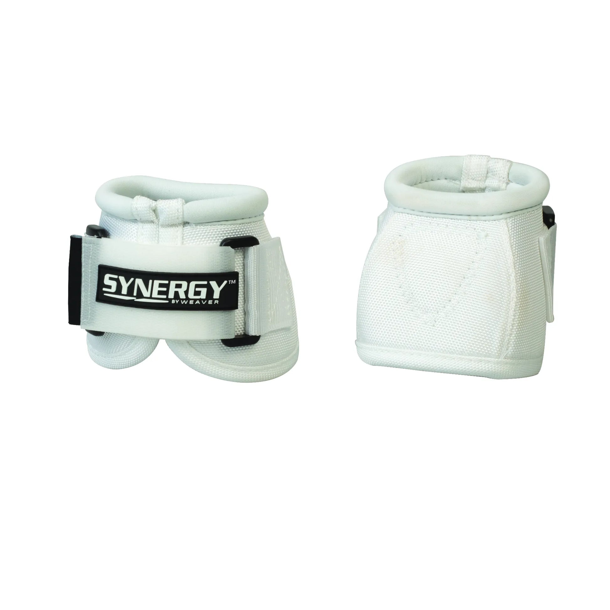 Pair of white Weaver Synergy Bell Boots with Xtended Closure for horses. These durable overreach boots feature high-quality ballistic nylon, a soft padded collar for comfort, and a secure double-locking hook and loop strap. The black and white Synergy by Weaver logo is visible on the front. Essential equestrian protective gear for performance, training, and turnout to prevent hoof and heel bulb injuries.