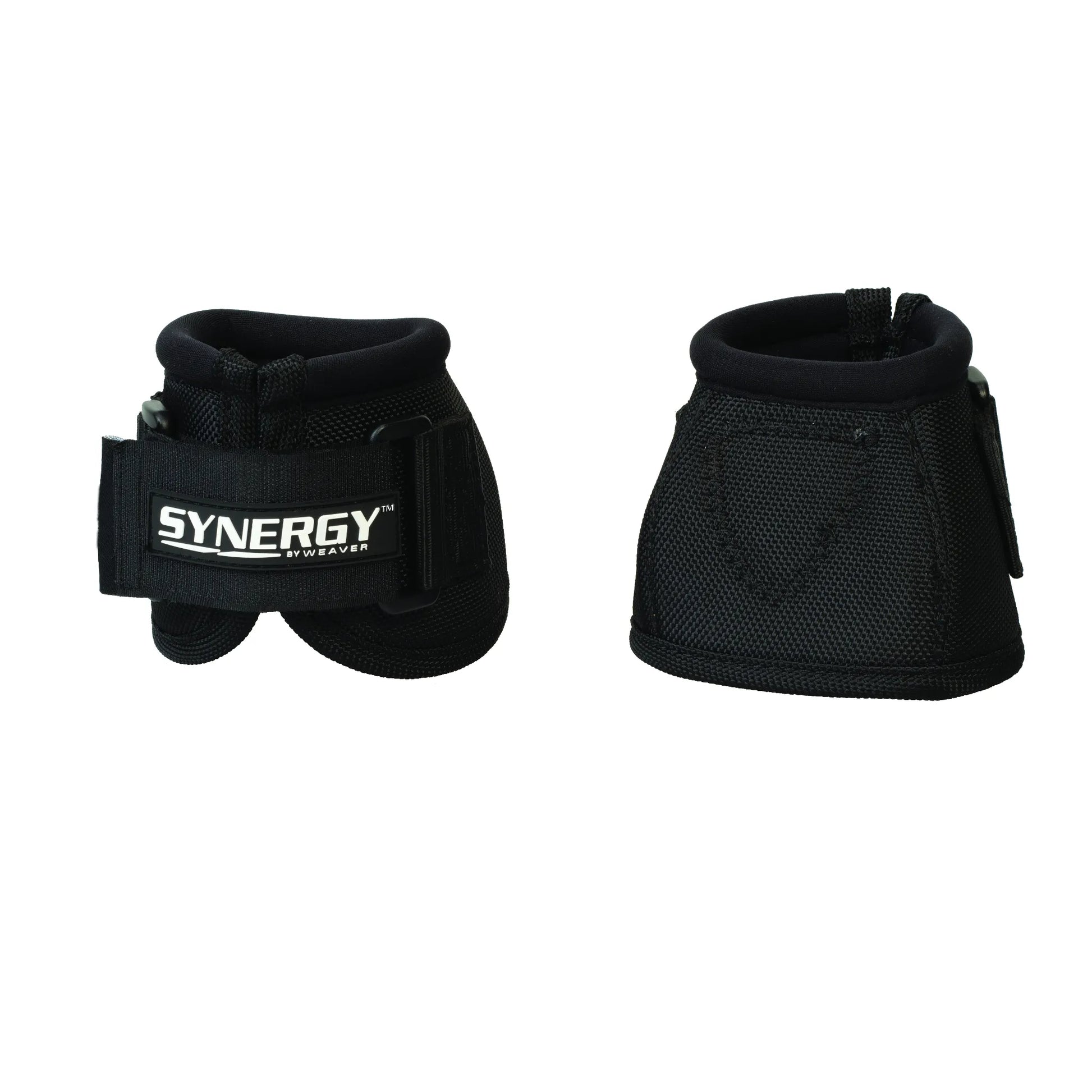 Black Weaver Synergy horse bell boots featuring an extended closure and heavy-duty ballistic nylon construction for ultimate hoof protection. These overreach boots include a padded neoprene collar to prevent chafing and a secure hook-and-loop strap with the "SYNERGY BY WEAVER" logo. Durable and stylish equestrian gear designed for performance, comfort, and protection during turnout or training. Ideal for horses needing extra coverage in size XL.