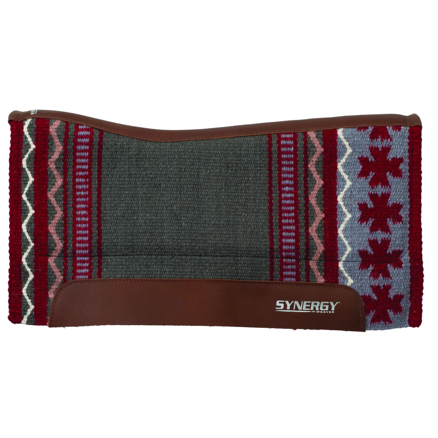 Weaver Synergy Contoured Performance Saddle Pad in charcoal, gray, and taupe. This 33x38 western saddle pad features a vibrant hand-woven wool topper with a southwestern pattern of red stars and white zig-zags. Designed with a contoured spine and durable brown leather wear leathers, it offers both professional-grade shock absorption and classic western style for trail or arena use.