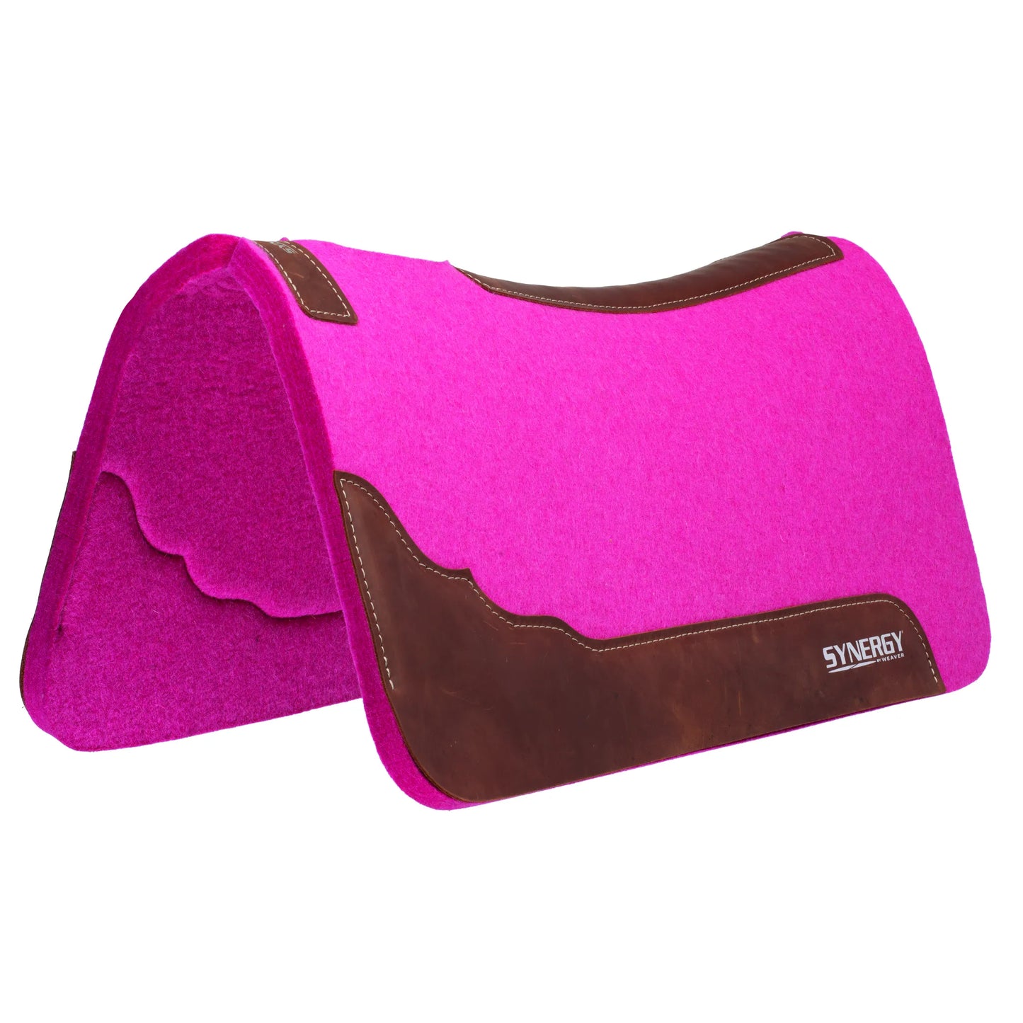 Vibrant red Weaver Synergy Steam Pressed Wool Western Saddle Pad (31" x 32"). This 1-inch thick, shock-absorbing horse pad features a contoured spine and premium brown leather wear leathers for maximum durability and comfort. Designed for performance and style, it showcases the Synergy by Weaver logo. Ideal for western riders seeking high-quality, breathable equestrian tack that protects their horse during trail riding, ranch work, or barrel racing.