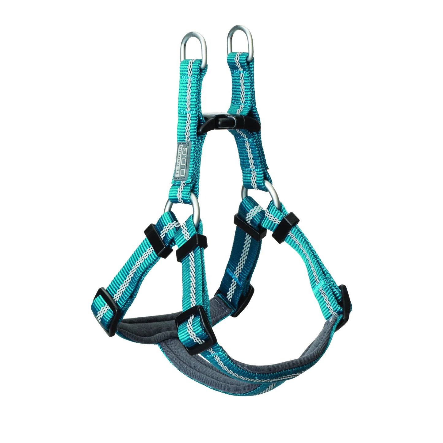 Teal Weaver Terrain D.O.G. harness featuring reflective stitching on durable turquoise nylon webbing. This high-visibility adjustable dog harness includes two silver metal D-rings for secure leash attachment, black quick-release buckles, and a soft grey padded chest plate for maximum comfort. Perfect for outdoor adventures and nighttime safety, this durable pet gear is designed for active dogs on the go.