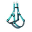 Weaver Terrain D.O.G. Harness in vibrant teal with reflective silver stitching for high visibility. This durable, step-in dog harness features soft gray neoprene padding for comfort, adjustable nylon straps for a custom fit, and sturdy metal hardware for secure leash attachment. Ideal for hiking, walking, and outdoor adventures, this stylish and functional pet gear ensures safety and ease of use for your dog.
