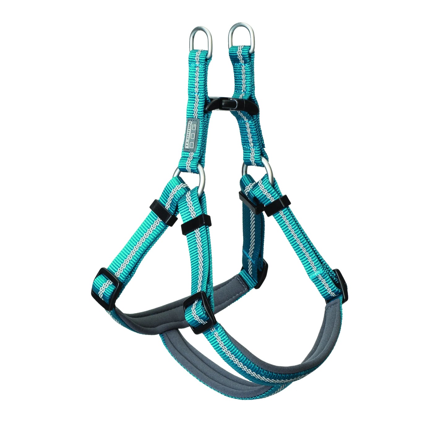 Weaver Terrain D.O.G. Harness in vibrant teal with reflective silver stitching for high visibility. This durable, step-in dog harness features soft gray neoprene padding for comfort, adjustable nylon straps for a custom fit, and sturdy metal hardware for secure leash attachment. Ideal for hiking, walking, and outdoor adventures, this stylish and functional pet gear ensures safety and ease of use for your dog.