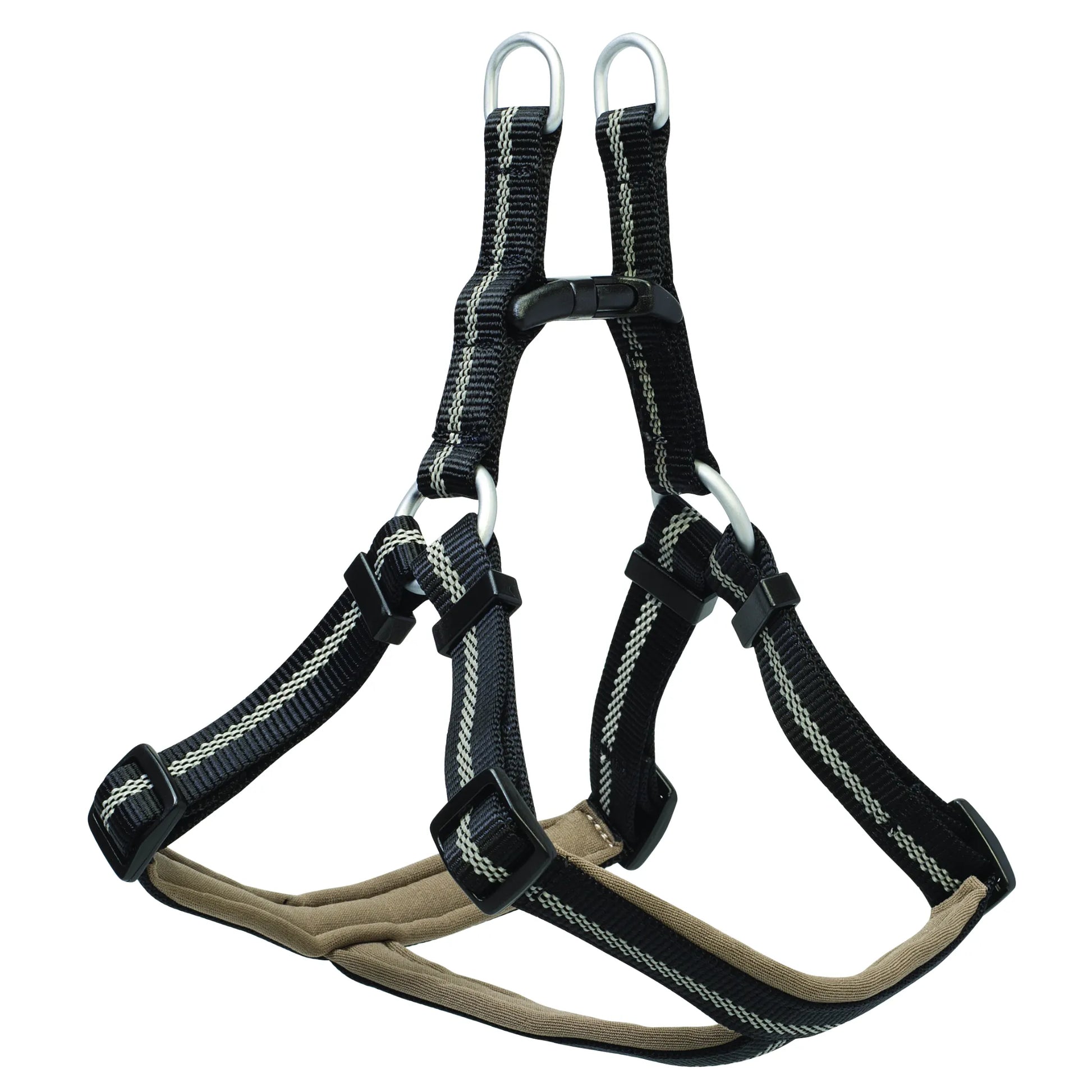 Weaver Terrain D.O.G. Harness in black and tan. This durable step-in dog harness features black nylon webbing with reflective silver stitching for high visibility during outdoor adventures. It includes a soft tan padded chest strap for comfort, adjustable black buckles for a custom fit, and two sturdy silver metal D-rings for secure leash attachment. Ideal, heavy-duty gear for hiking and active dogs.