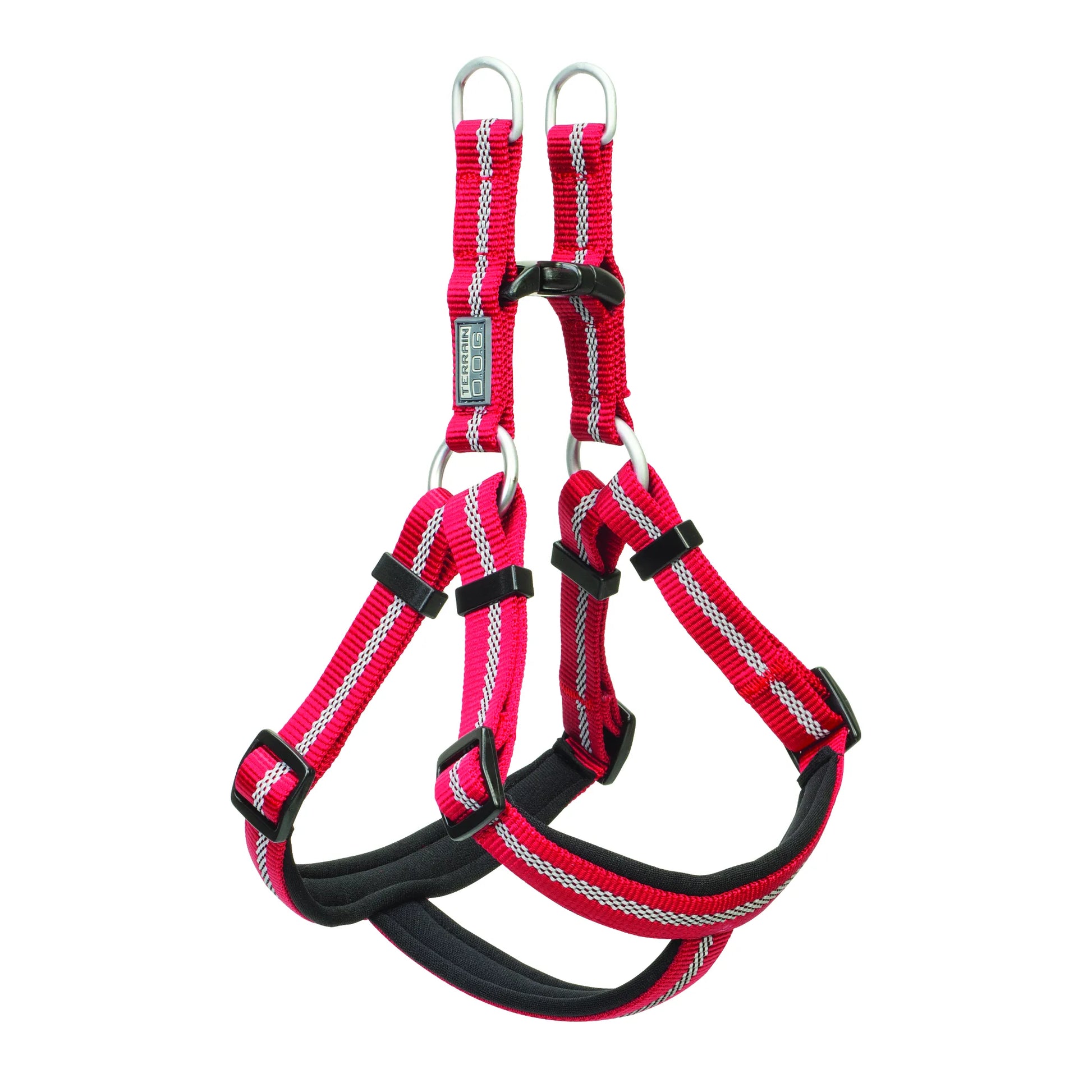 Weaver Terrain D.O.G. reflective dog harness in vibrant pinkish-red with high-visibility silver stitching. This durable step-in harness features black neoprene padding for maximum comfort, adjustable straps with plastic sliders, and dual metal D-rings for secure leash attachment. Perfect for outdoor adventures, night safety, and daily walks, this rugged pet gear combines style with performance for active dogs.