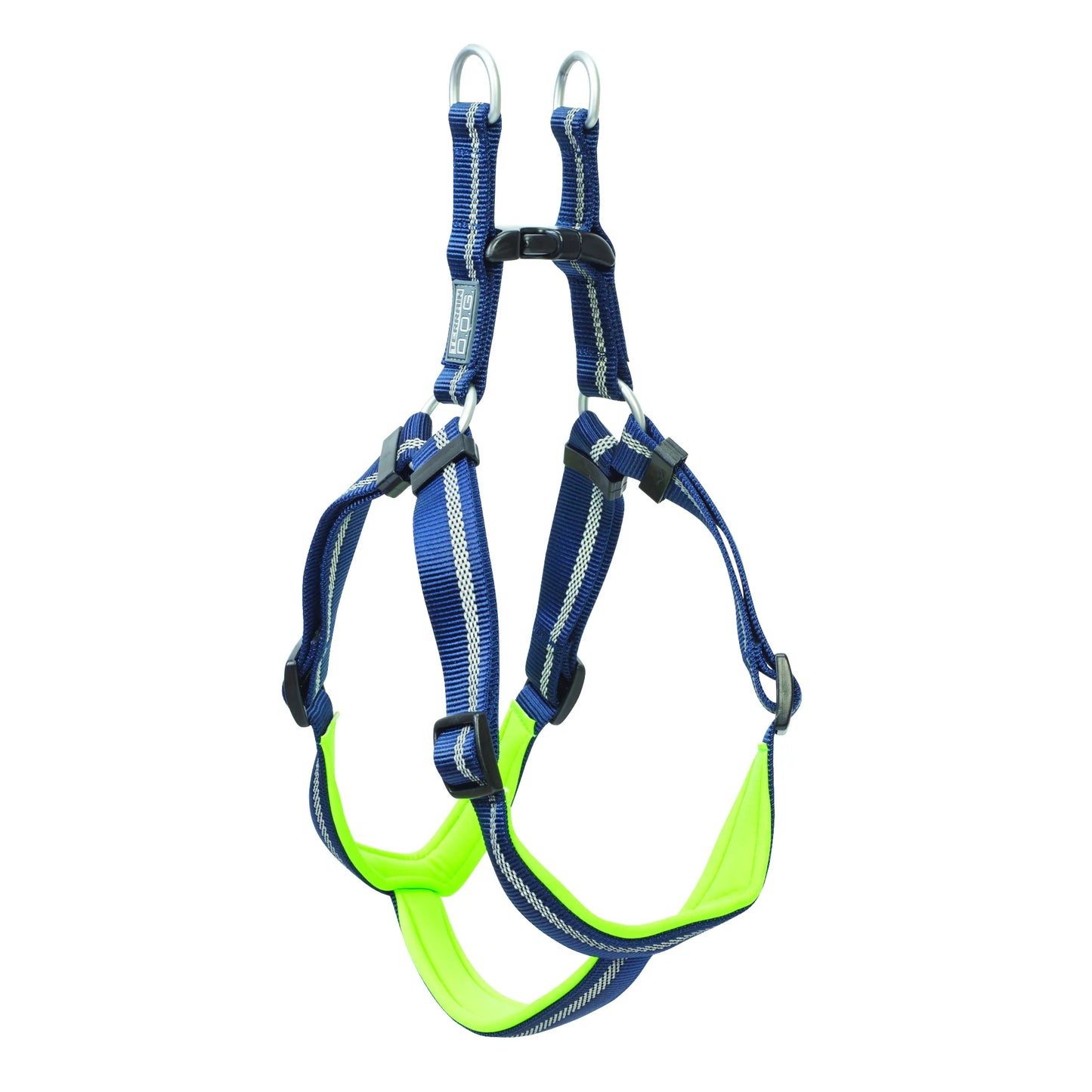Weaver Terrain D.O.G. Harness in blue and neon yellow, featuring durable nylon webbing with high-visibility reflective stitching. This adjustable dog harness includes a soft padded underside for comfort, dual metal D-rings for secure leash attachment, and a quick-release buckle. Ideal for outdoor adventures, hiking, and safe night walks with your pet.