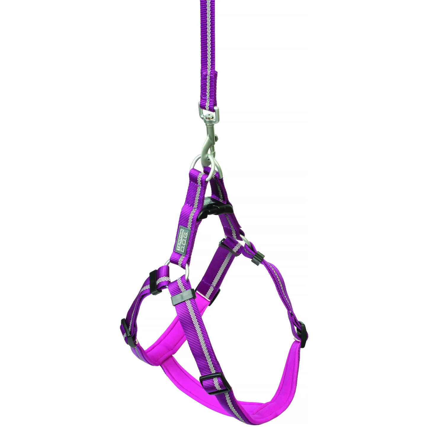 Vibrant purple Weaver Terrain D.O.G. harness featuring reflective silver stripes and a comfortable pink padded lining. This durable, adjustable adventure dog gear includes heavy-duty nylon straps, dual metal D-rings, and secure black buckles. Ideal for active pets, this high-visibility harness provides safety and style for hiking, walking, and outdoor adventures.