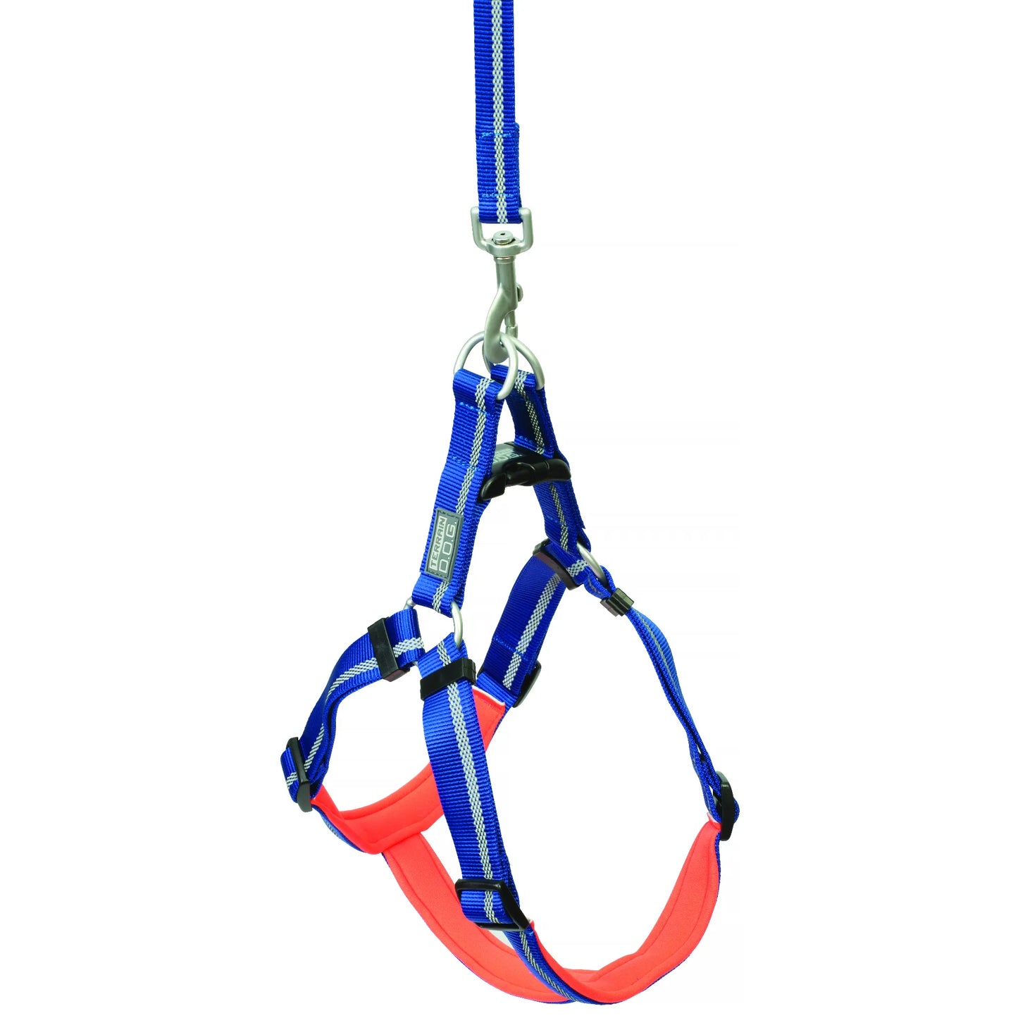 Weaver Terrain D.O.G. Reflective Dog Harness in royal blue and neon orange. This durable, heavy-duty harness features padded straps for comfort, silver reflective stitching for safety, and sturdy metal hardware for secure leash attachment. Perfect for hiking, camping, and nighttime walks, this adventure-ready pet gear combines style and high visibility for every active dog.
